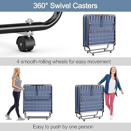 Miniatura 49 de HAPPYGRILL Cama enrollable, cama plegable con colchón de espuma viscoelástica de 5 pulgadas, marco de acero resistente, 4 ruedas universales, cama