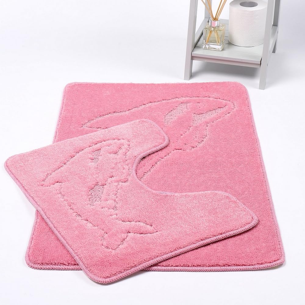 Rackhams Pink Dolphin Anti-Slip Bath Mat And Pedestal Mat 2 Piece Set