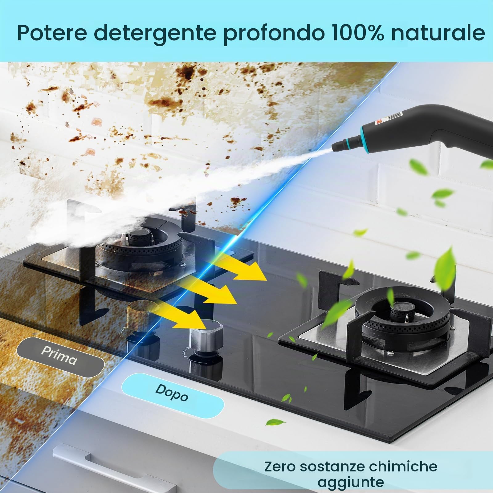 Pulitore a vapore 2500 W, 4,5 bar, alta pressione, riscaldamento 15 secondi, serbatoio 1250 ml, 9 accessori, tubo da 2 m, per la pulizia della casa, potente per cucina, auto, pavimento