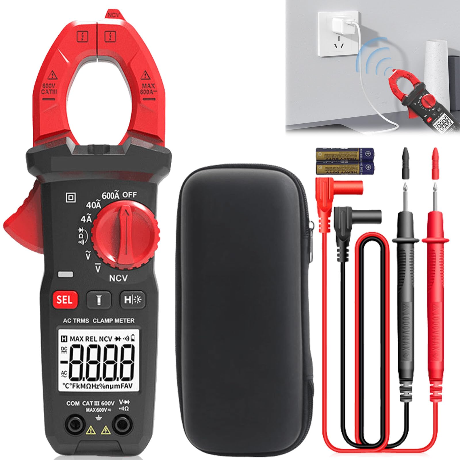 Stromzange, 6000 Counts Strommesszange 600A AC/DC, Zangenamperemeter mit Taschenlampenfunktion, Strommessgerät Zangenmultimeter Misst Spannung Kapazität Durchgang