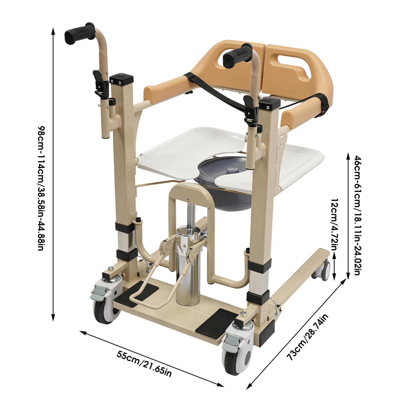 Hydraulischer Patientenlifter Transferstuhl mit kleiner Tisch, 441 lbs. Multifunktions-Senioren-Hydraulik Höhenverstellbare Transportrollstuhl Duschstuhl Liftstuhl, 180° Geteilter Sitz Patientenlifter