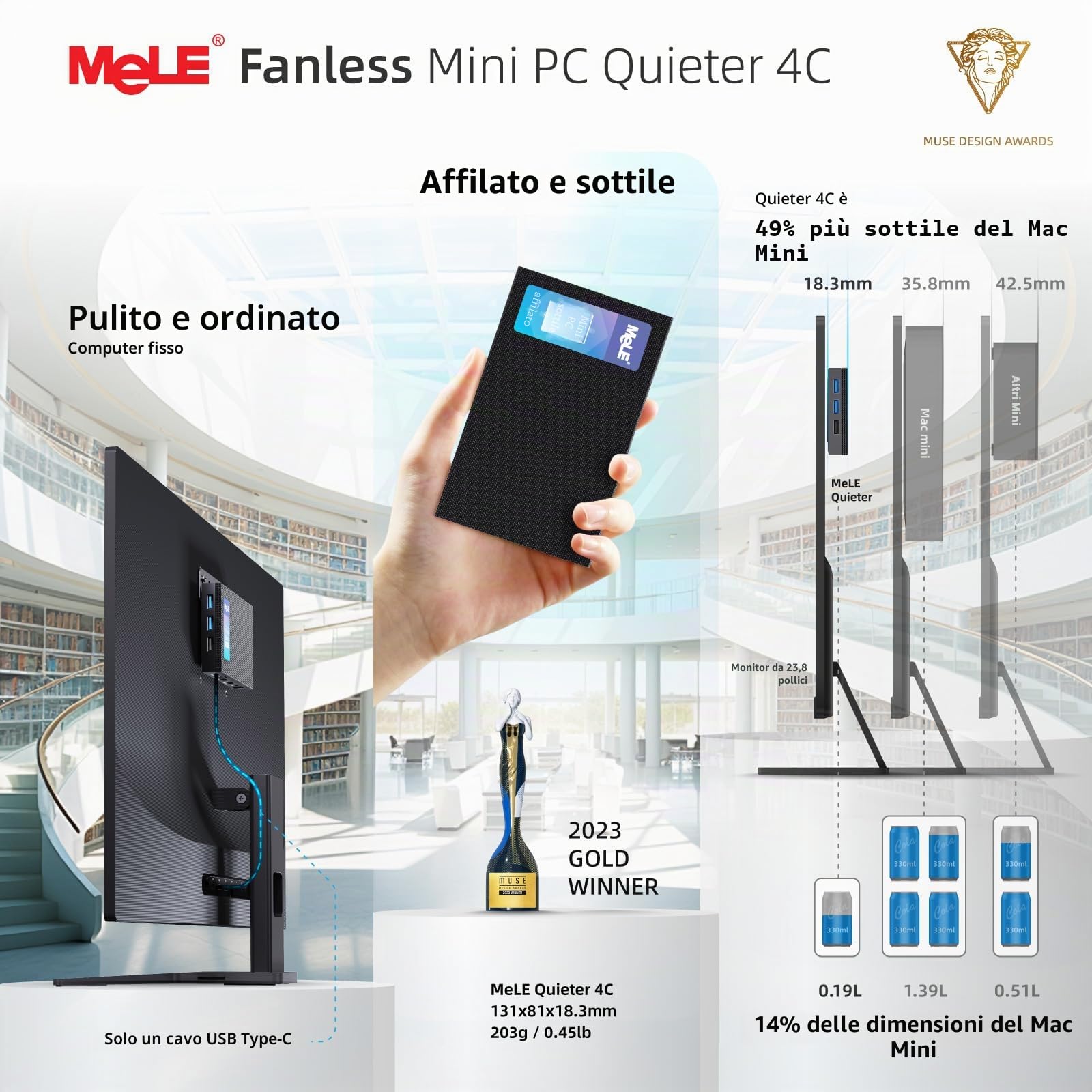 Mele Quieter 4C Mini PC, N150 16GB 512GB, with Windows 11 Pro 4K HDMI USBC | N150 fino a 3.6GHz, 16GB RAM, 512GB archiviazione with Windows 11 Pro, Wi-Fi 5, USB-C multi-function, triple 4K display, VESA
