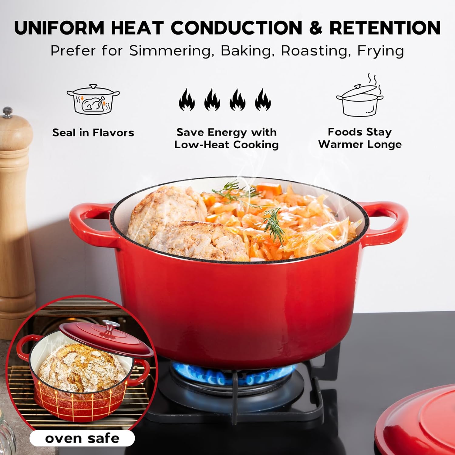 Onader Khaki Silicone Cooking Utensils Set of 10 Kitchen Utensils for Nonstick Cookware Heat and 5QT Red Enameled Cast Iron Dutch Oven Round Dutch Oven Pot with Lid for Sourdough Bread Baking