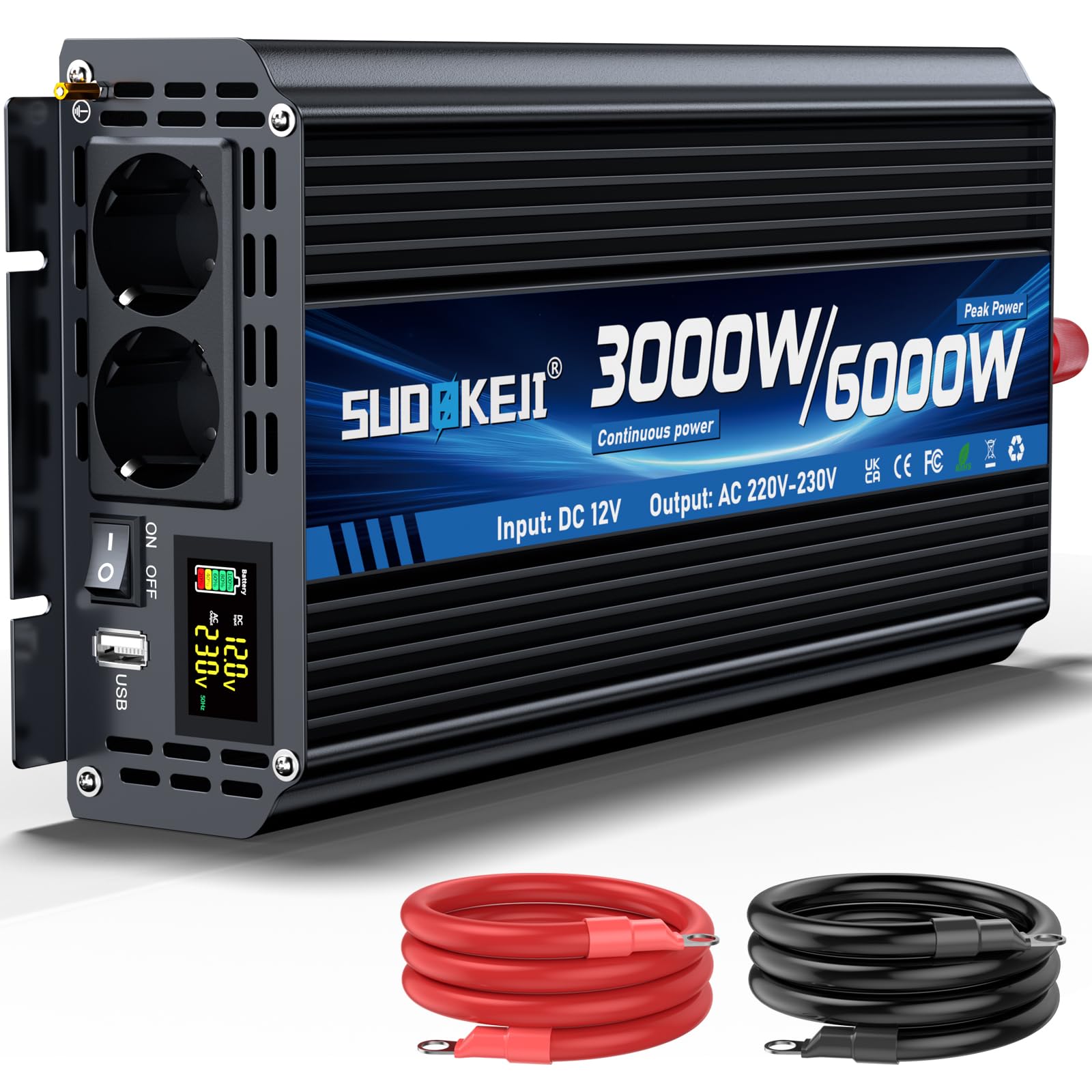 Inverter 12 V 230 V 3000 W/6000 W convertitore di tensione modificato Sinus Wave Inverter con 2 prese AC e porta USB e Type-C per auto camper veicoli