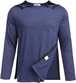 Men's Post Shoulder Surgery Recovery Shirts Full Tear Away Long Sleeve Snap Chemo Port Access Shirt