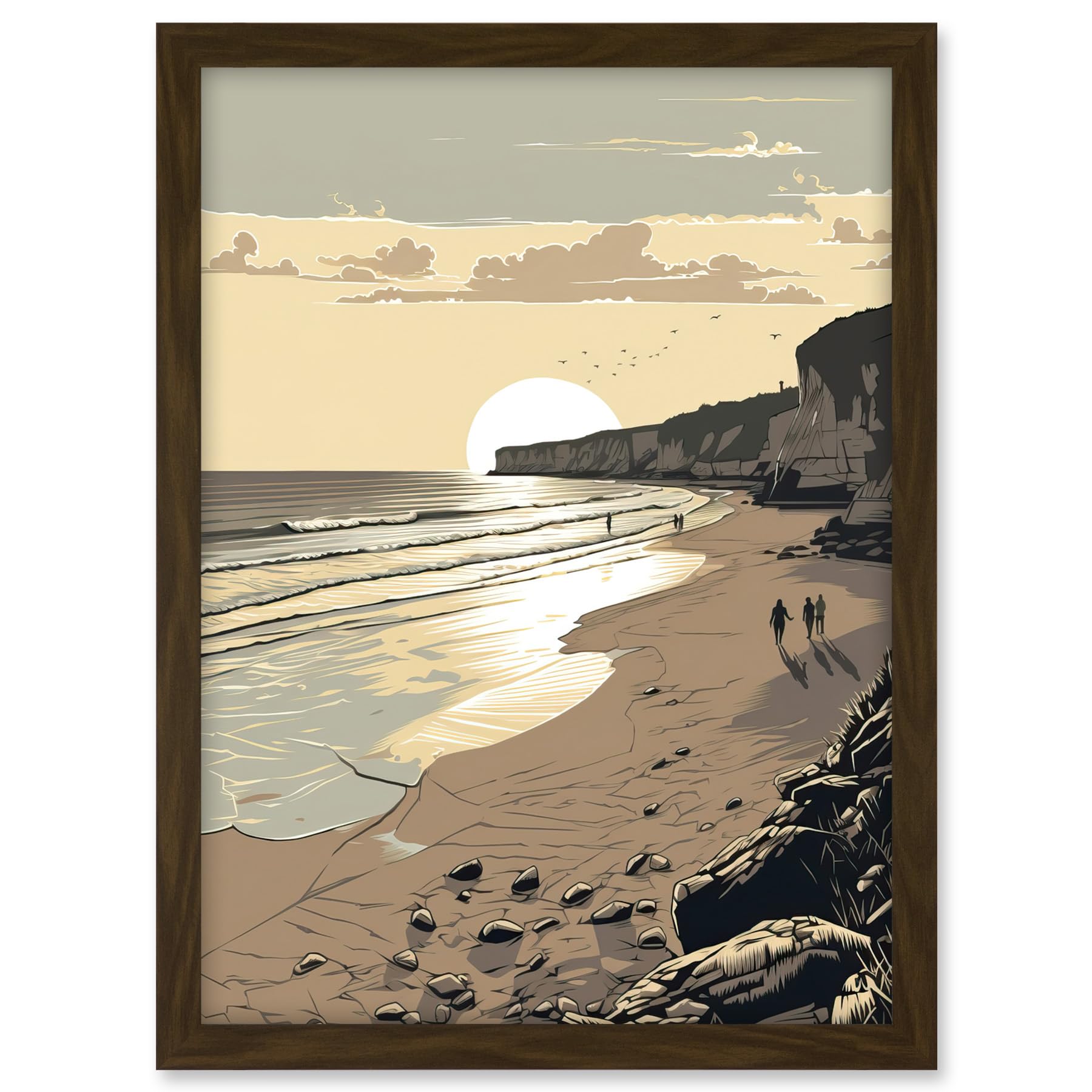 Artery8 Sunrise Walk on Filey Beach Coastal Illustration Artwork Framed A3 Wall Art Print
