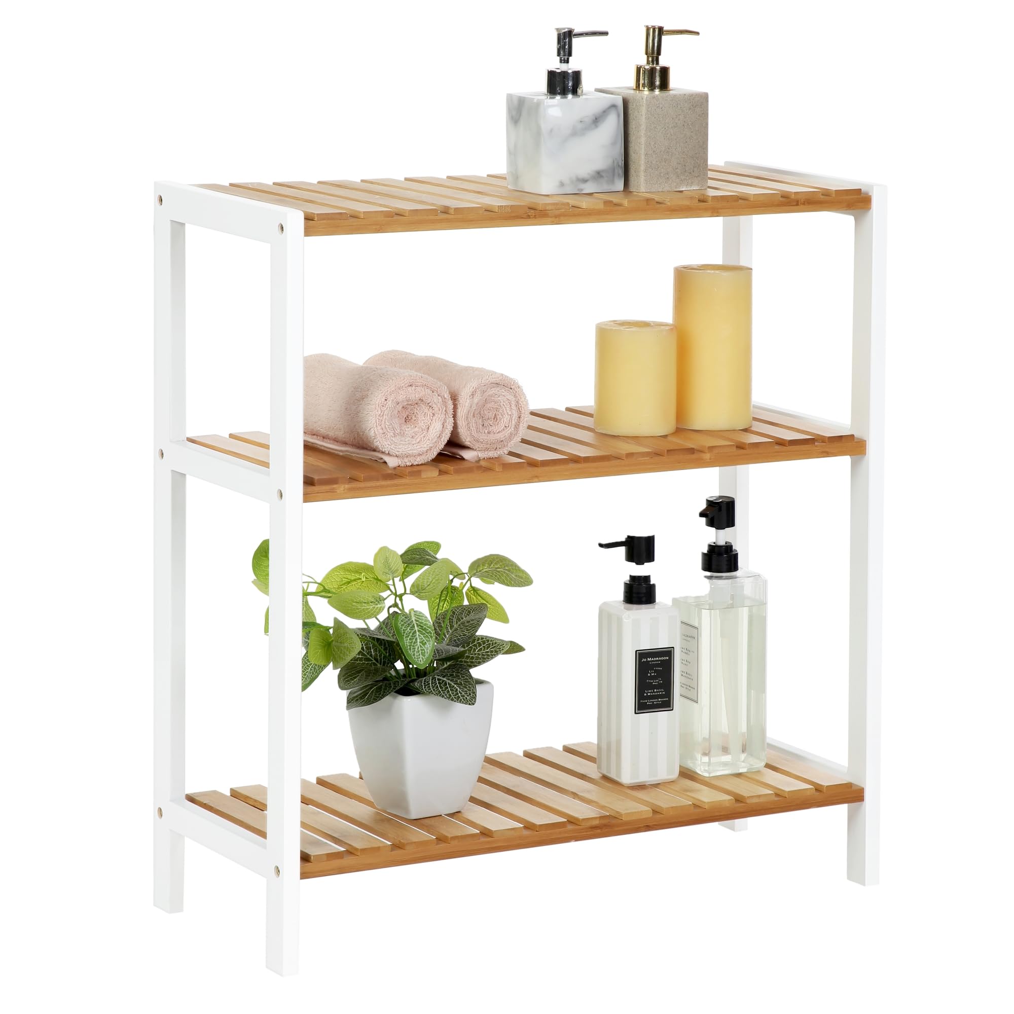 SONGMICS Bamboo Storage Shelf, 3-Tier Shelving Unit, Multifunctional, in the Hallway, Bathroom, Living Room, Balcony, Kitchen, 26 x 60 x 66 cm, White and Natural BCB33WN