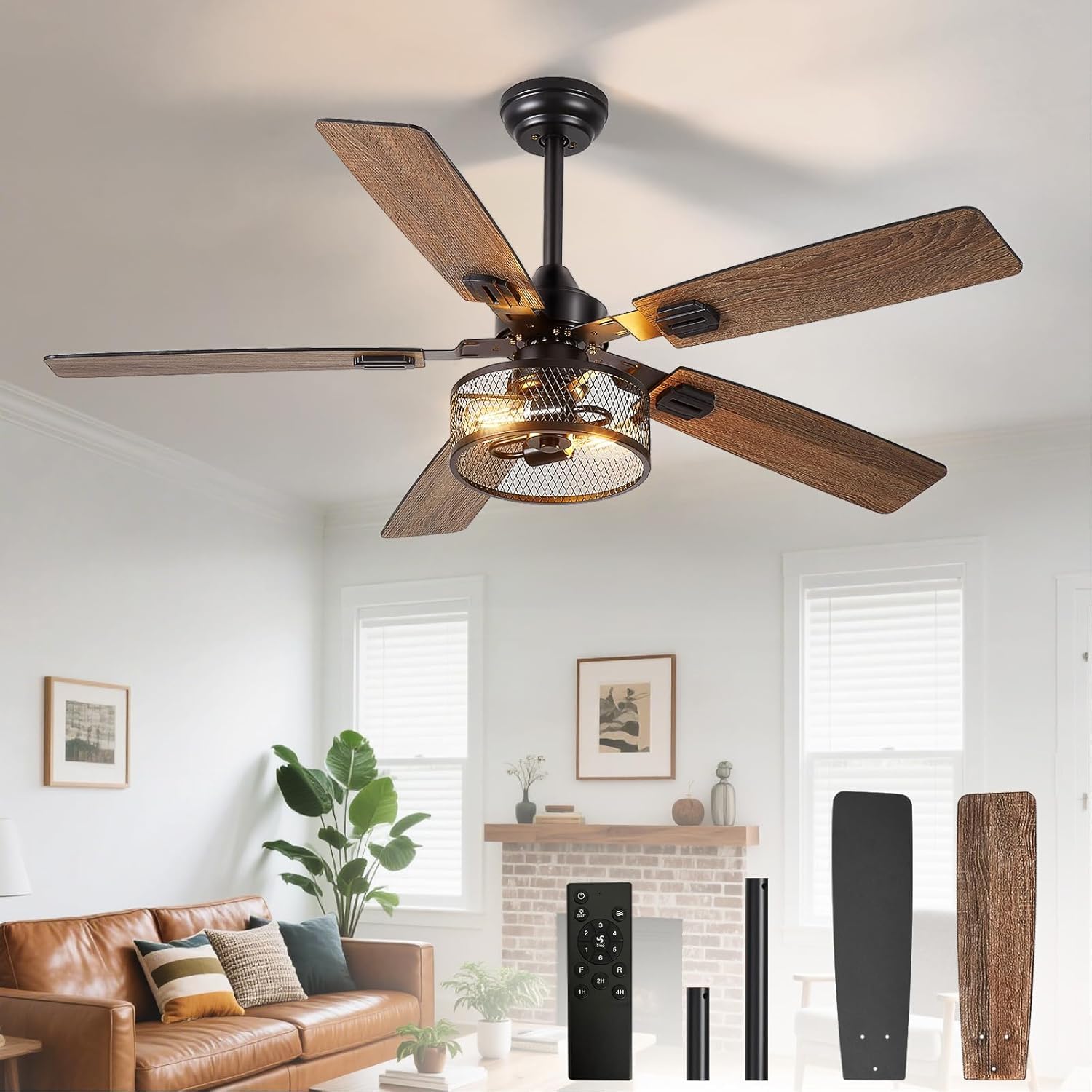 Depuley 52-Inch Ceiling Fans with Lights: Caged Ceiling Fans Dual Finish 5 Blades - Rustic Ceiling Fan with Remote Control for Industrial Living Room Outdoor Patio (E27 Bulb Included)