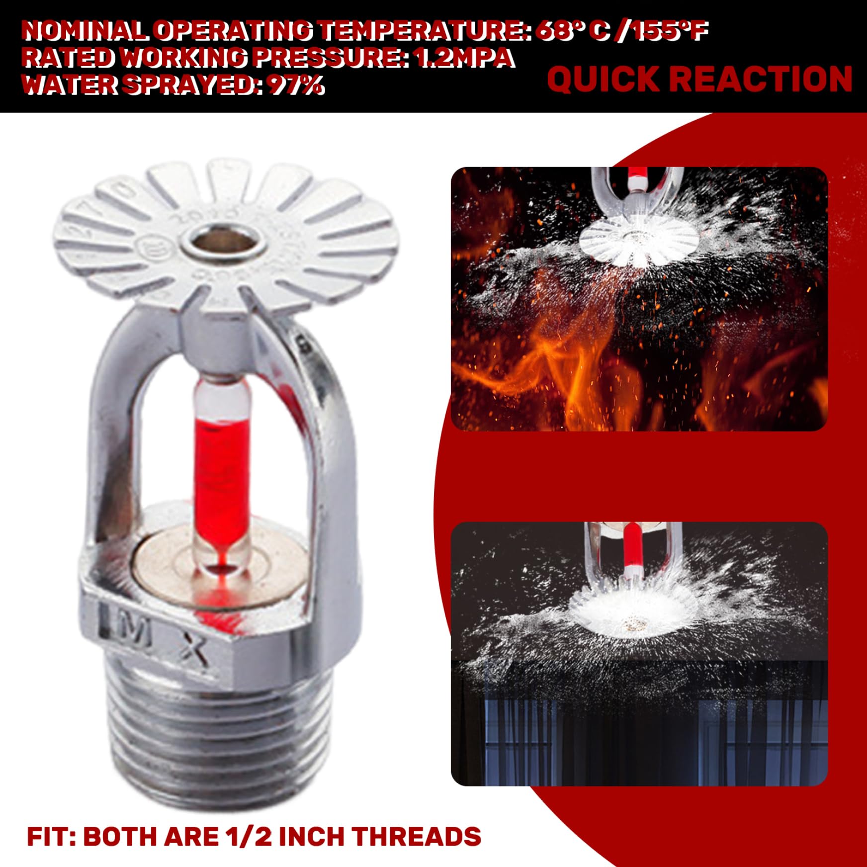 Tête D'arroseur D'incendie De Type Pendentif 68 ℃/150 ℉ Tête D'arrosage Vers Le Bas Filetage De 1,27 Cm Réponse Rapide Arroseur D'incendie Pour Bâtiments Résidentiels Arrosage D'incendie Arbuste Tête
