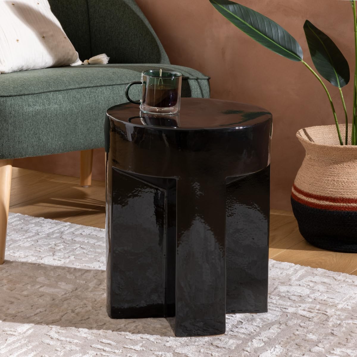 Table à café Table d'appoint en céramique Noire D 34 cm - Atmosphera