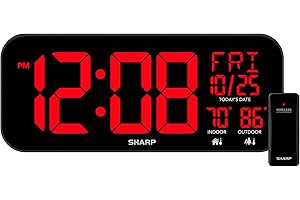 SHARP Large Enhanced Oversized Digital LED Clock with Outdoor/Indoor Temperature Sensor, with...