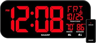 Sharp SPC946 14-Inch LED Wall Clock with Indoor/Outdoor Temp, Wireless Sensor, 4-Inch Digits, Date & Day