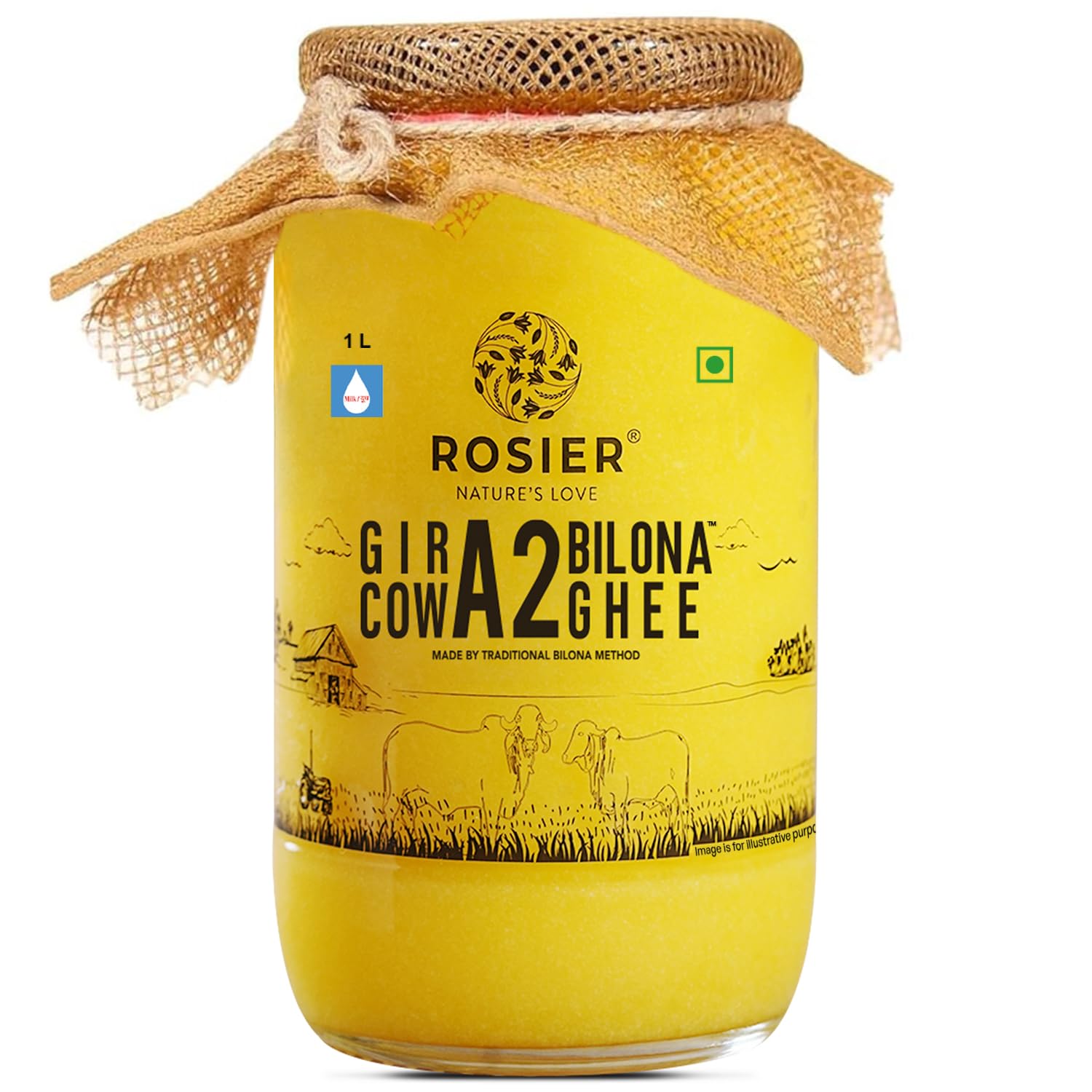 ROSIER A2 Gir Cow Ghee (1 litre) | Traditional Bilona Method Cow Vedic Ghee | Grassfed, Pure and Healthy Desi A2 Cow Ghee (Glass Bottle - 1000 ML)