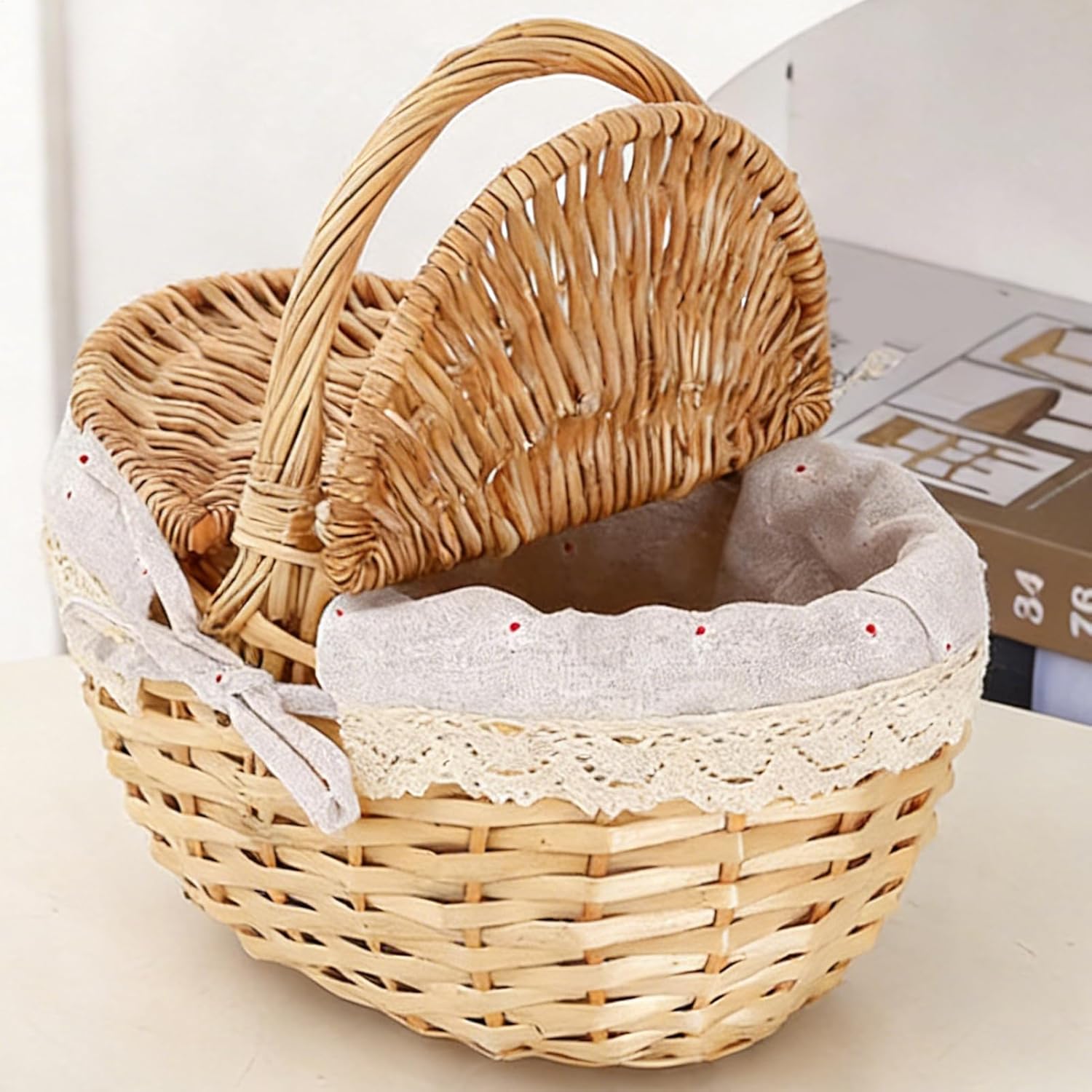Woven Picnic Basket | Multi-Functional Rustic with Lid | Imitation Wicker Weaving Storage Basket | for Dining Room Kitchen Hiking Travel Camping Breads Drinks Snacks Fruits