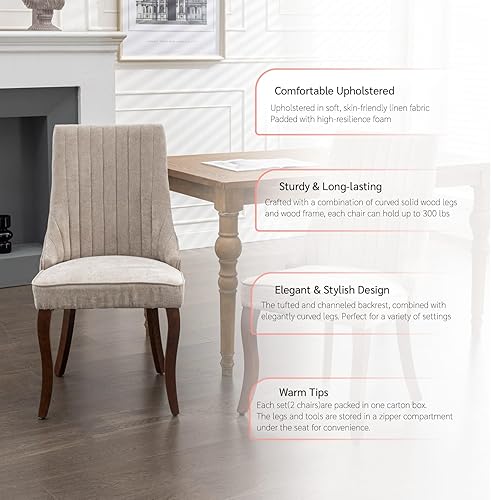 Miniatura 7 de Juego de 2 sillas de comedor, cómodas sillas decorativas tapizadas de tela para cocina, sala de estar, sillas de comedor copetudas con patas curvas