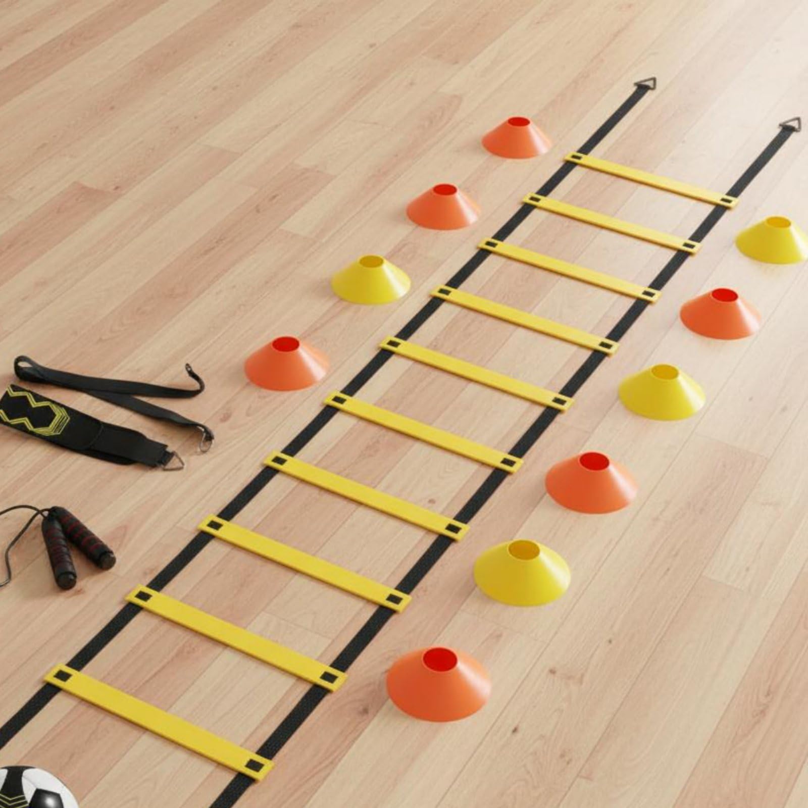 Generic Scaletta Agility Sportiva Kit Allenamento Velocità Coordinazione Rapidità Reattività con Coni E Corda Salto in PP E Cinghie Nylon Pioli Regolabili 12 Adatta a Calcio Basket Football Palestra