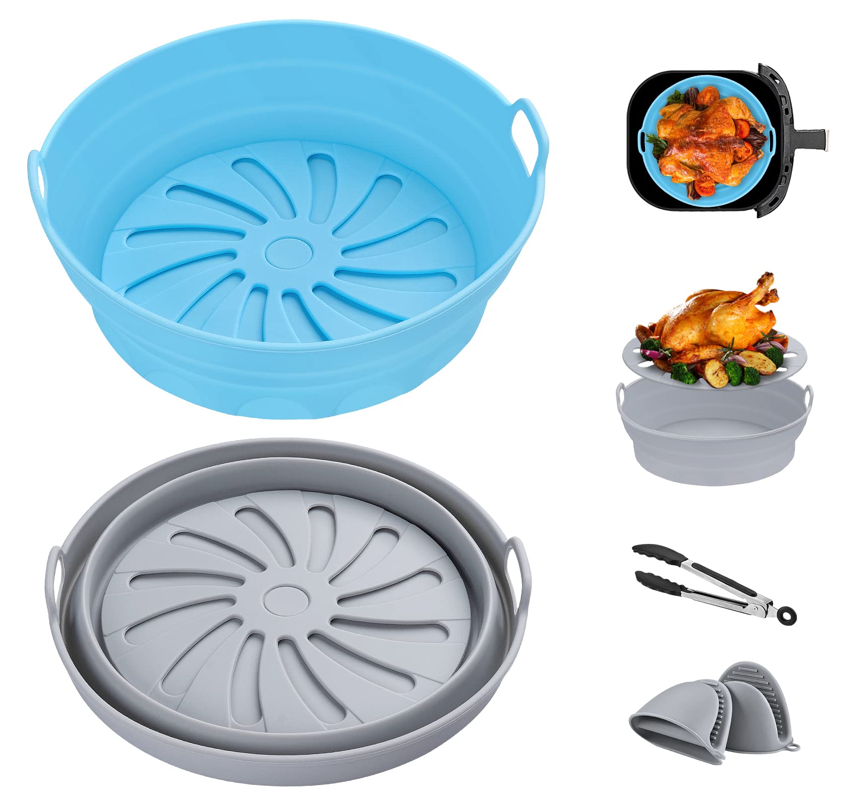 ABSOFINEAir Fryer Silicone Pot, 2 Pack Reusable Air Fryer Silicone Liners, Blue and Gray Silicone Air Fryer Liner Reusable with Glove and Tongs for 8 inch Fits 3 to 5 QT Air Fryer
