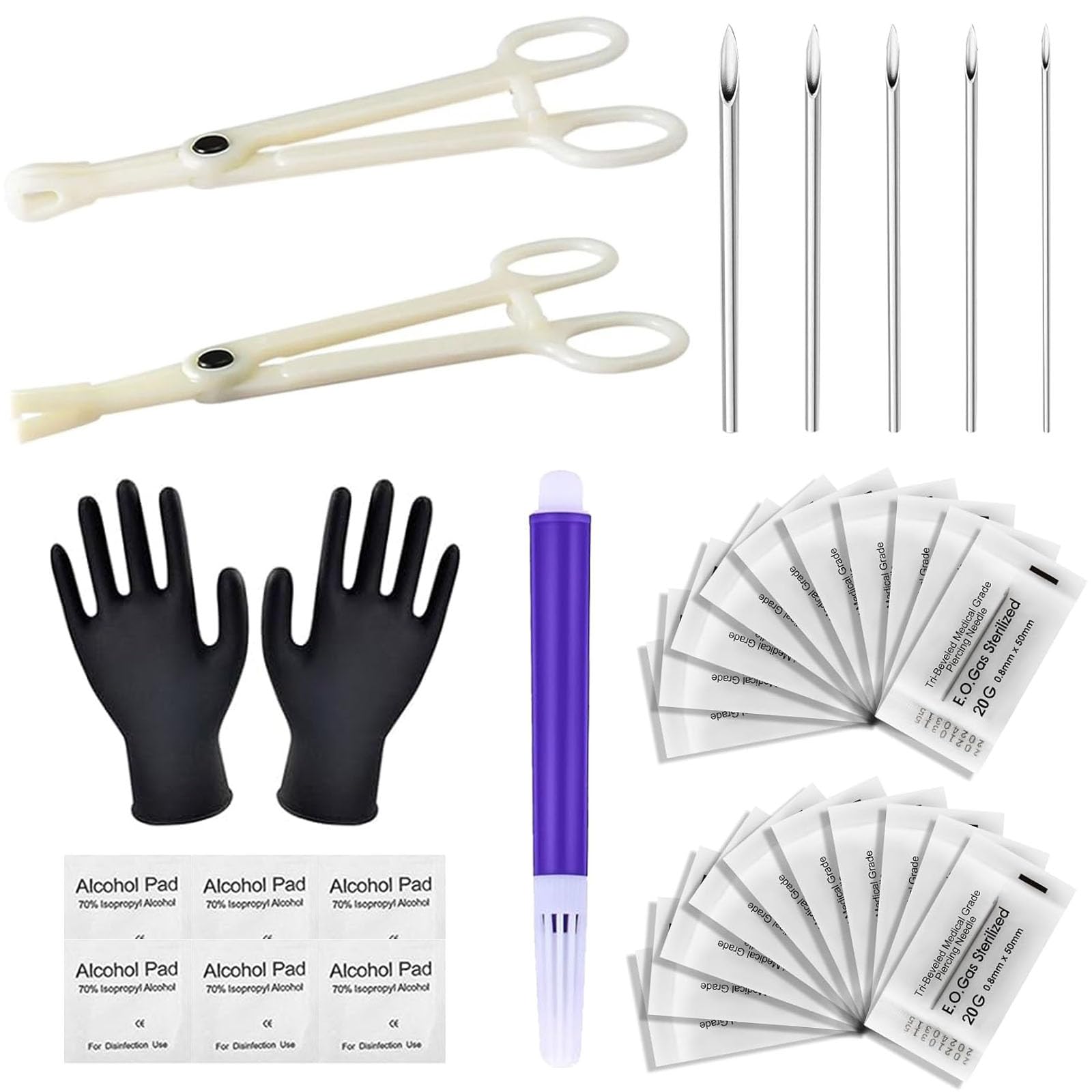 Piercing-Set, 36-teiliges Piercing-Klemmen-Set mit 25 gemischten 12 g, 14 g, 16 g, 18 g, 20 g, 20 g, 2 Piercing-Klemmen, 6 Reinigungswerkzeuge, 2 Handschuhe, 1 Markerstift für Piercing-Werkzeug