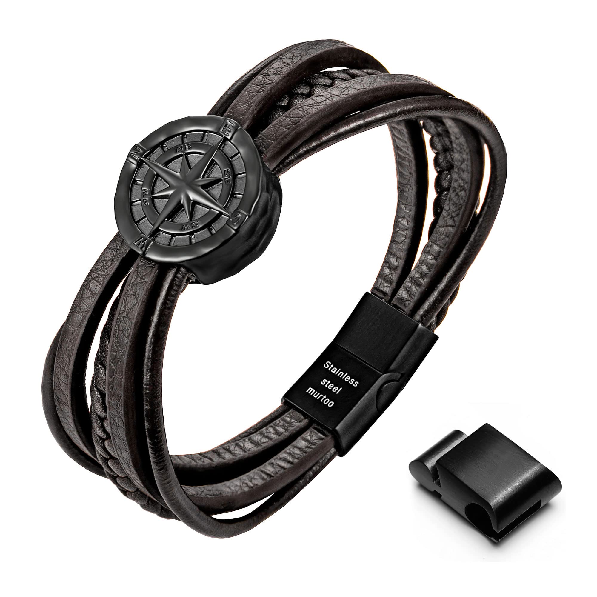 murtoo Men's Bracelet Leather with Compass, Braided Leather Bracelets for Men Magnetic Clasp 7.5/8.5/9.5 inch Gift for Husband Boyfriend Father