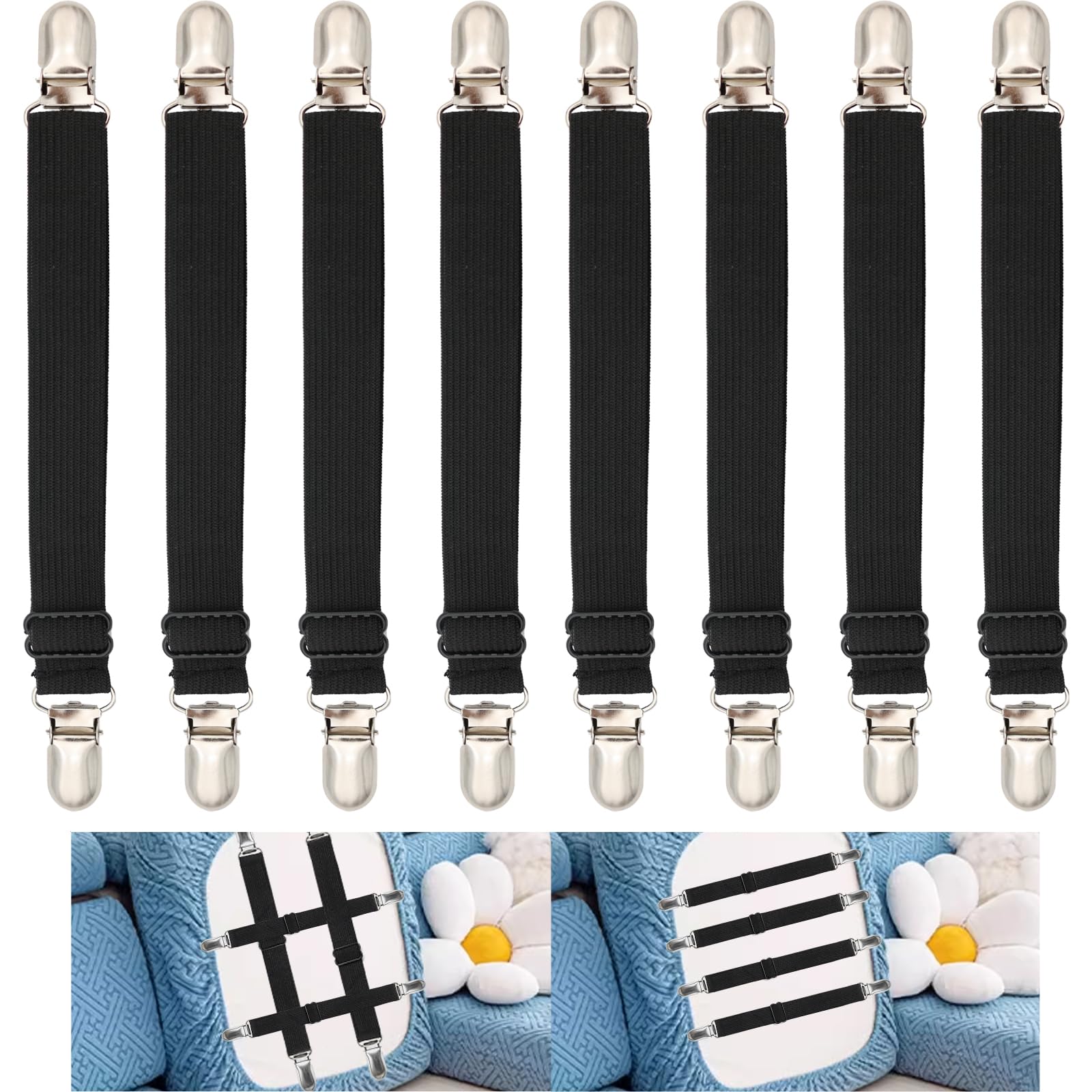 Sofa Cover Holder Straps with Suspenders & Fasteners - Magic Sofa Couch Covers Clip Fasteners, Adjustable Elastic Straps (10-60in/25-160cm) for Sofa Slipcover, Cushion Holders (8, Black)