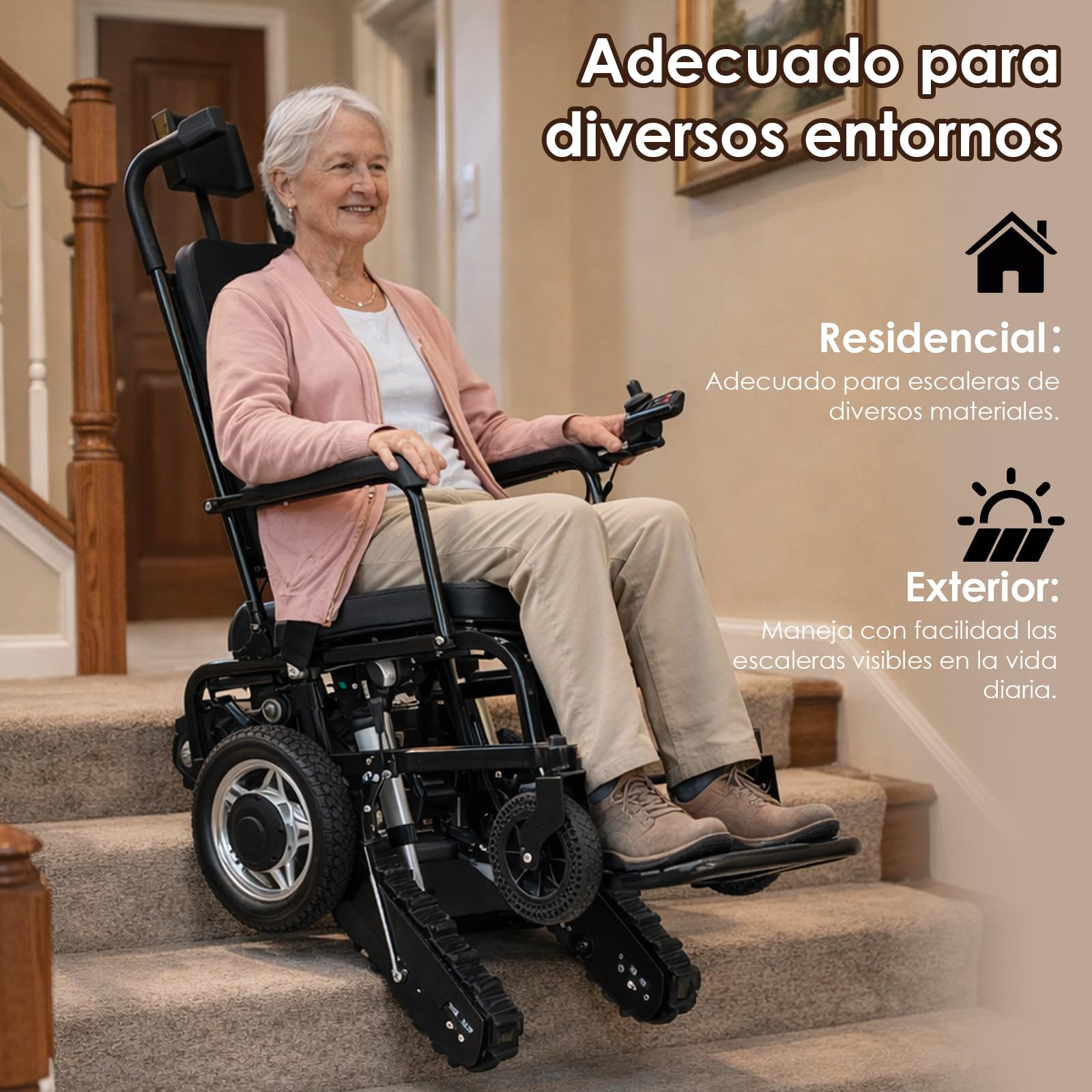 Silla Salvaescaleras Eléctrica 190kg, Batería 18Ah (50 Pisos), Plegable | Freno electromagnético activo, motor Brushless 200W, autonomía 15km, respaldo reclinable, apta para escaleras rectas
