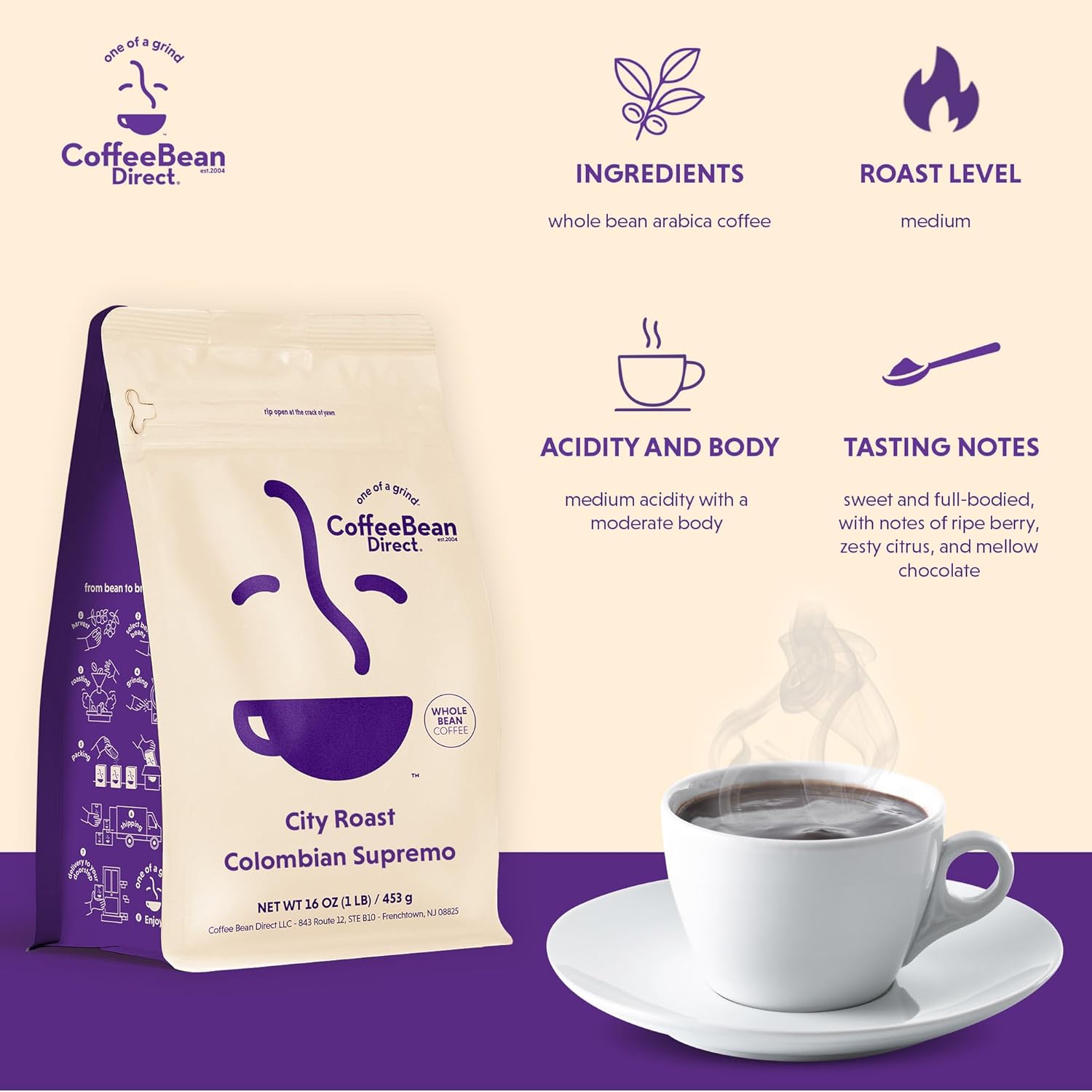 Coffee Bean Direct City Roast Colombian Supremo, Whole Bean Coffee, Arabica Coffee, Medium Roast, 1 Pound Bag (Pack of 1)