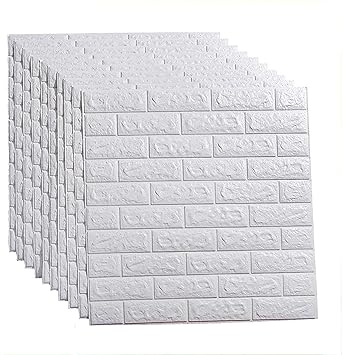 SAJAWAT 3D PE Foam Self Adhesive Brick DIY Stickers for Wall Decor (White, 70 x 77 cm, 5.8 Square Feet per Panel, 3)