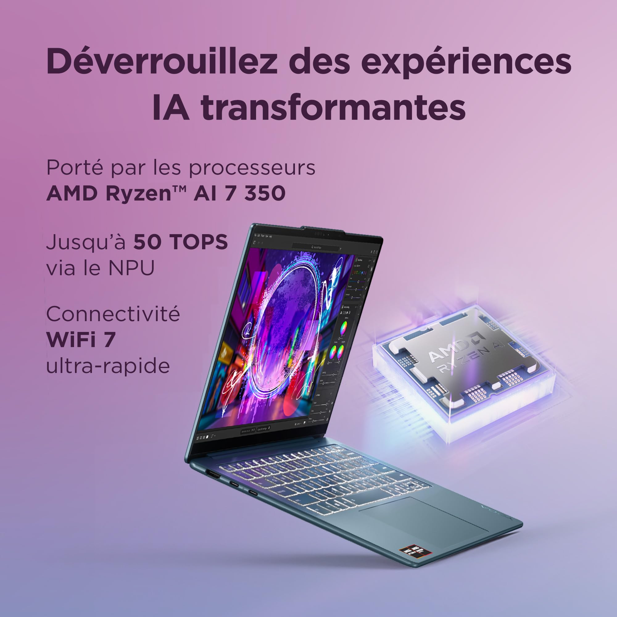 Lenovo Yoga Slim 7 14AKP10 - Ordinateur Portable 14'' OLED Copilot+ (AMD Ryzen AI 7 350, RAM 32Go, SSD 1To, AMD Radeon 860M Graphics, Windows 11 Home) Clavier rétroécl. AZERTY + Écouteurs - Tidal Teal - 3