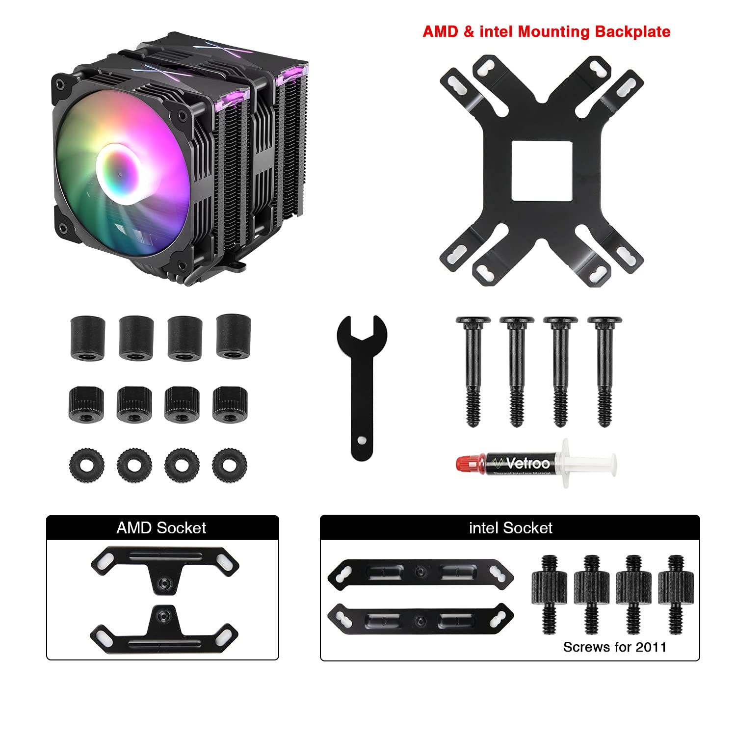 Vetroo U6PRO Dual Tower CPU Cooler, 120mm ARGB PWM Air Cooler 220W TDP