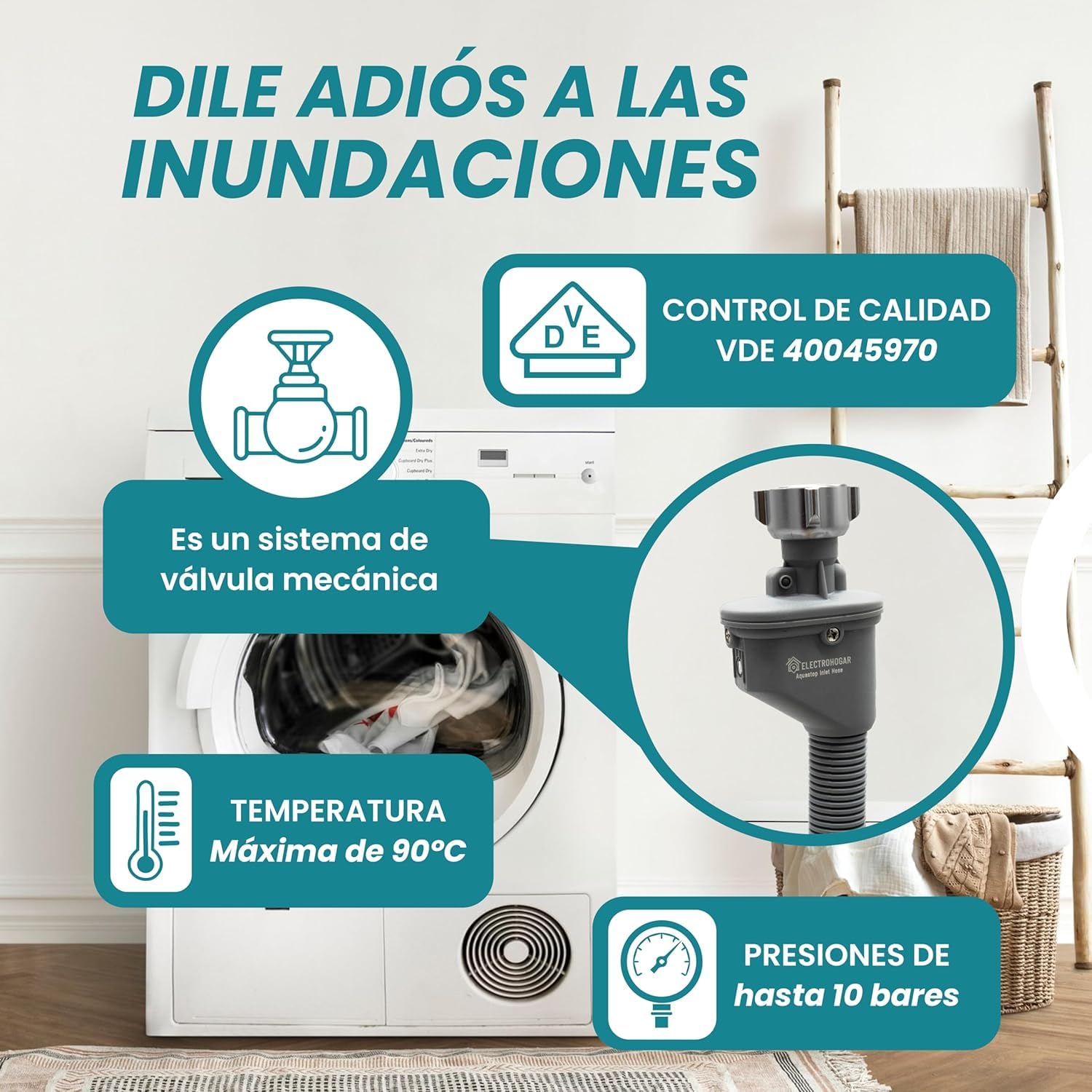 Manguera Aquastop 3M | Compatible con todas las Marcas de Lavadora y Lavavajillas | Conexión de 3/4" | Sistema Antifugas | Seguridad Contra Inundaciones | Certificación VDE