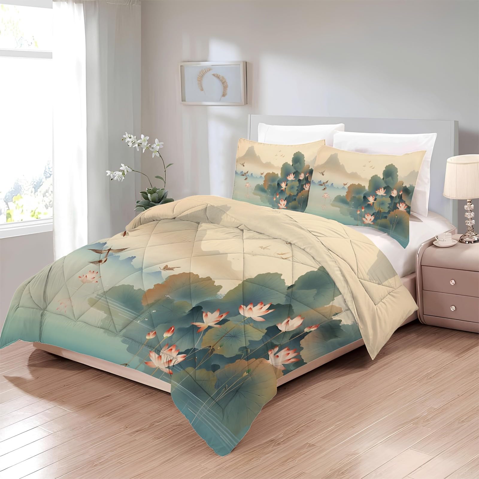 Edredon Nordico Cama 180 Loto, Relleno Nordico 240x260 de Microfibra, Edredón 4 Estaciones Reversible Acuarela, Edredones Estampados Botánico con 2 Fundas de Almohada 50x75 cm U-754