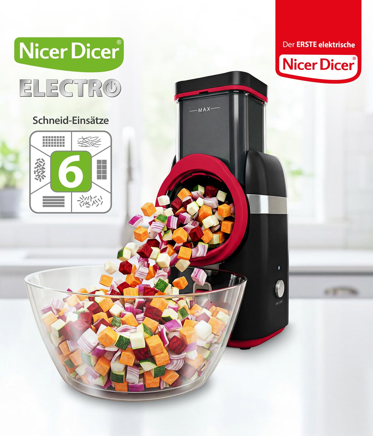 Genius Nicer Dicer Electro Gemüsehobel elektrisch 25 tlg, Gemüseschneider automatisch, Käsereibe für Gemüse, Obst, Nüsse, 6 Extrascharfe Einsätze, Ein-Knopf, Einfache Reinigung, Leistungsstark