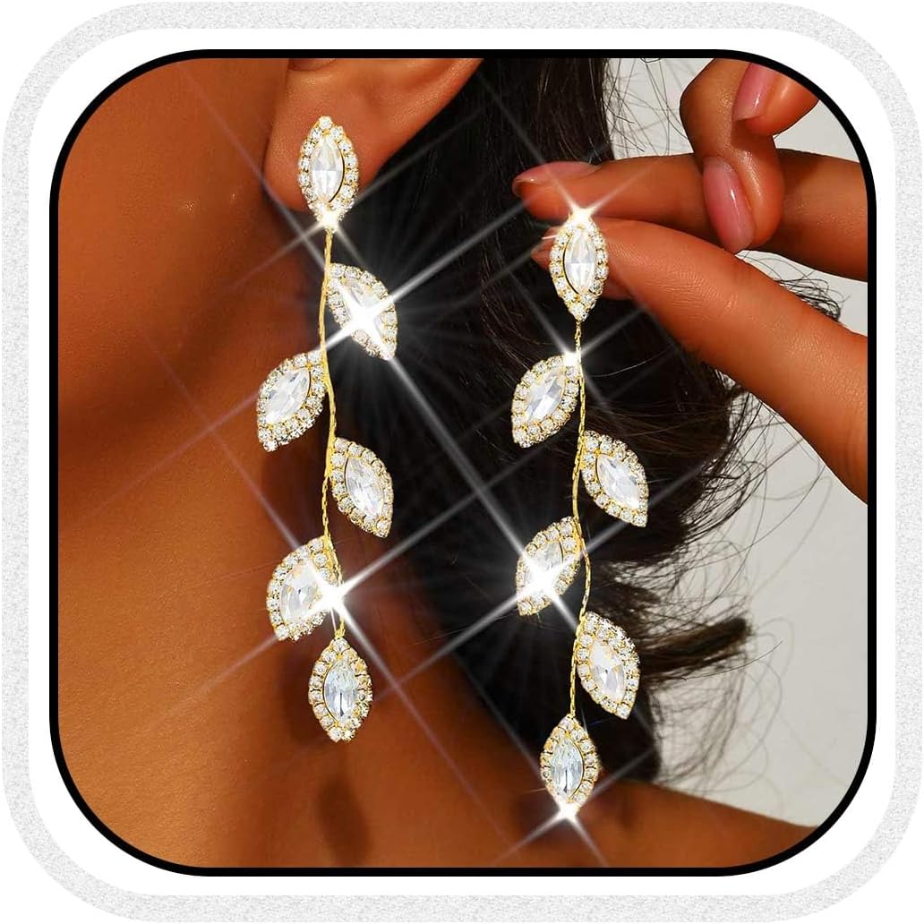 Catery Crystal Wedding Earrings Rhinestones Dangling Earrings Leaf Bridal Ear Jewelry for Brides and Women