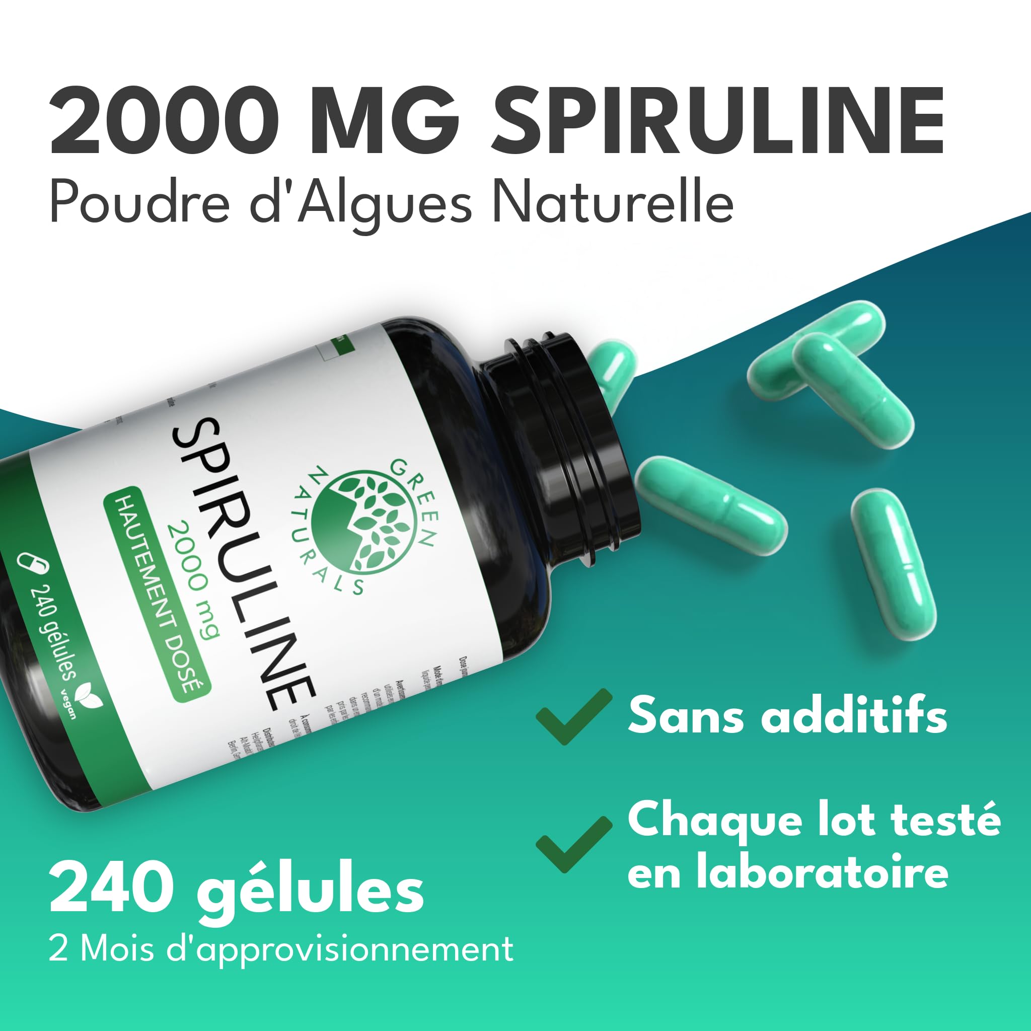 Green Naturals Spiruline 2 000 mg par jour – 240 gélules | Arthrospira platensis · Poudre pure · Vegan · Cure de 2 mois · Testé en laboratoire
