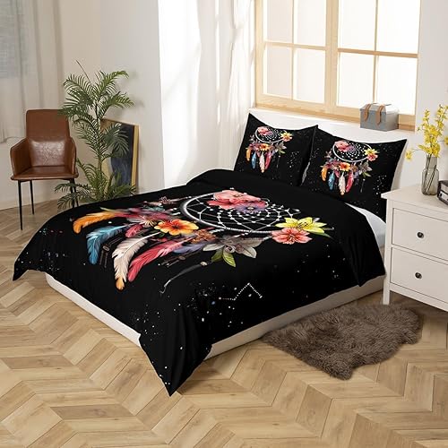Miniatura 2 de Erosebridal Juego de edredón bohemio tamaño King, juego de ropa de cama de atrapasueños de plumas coloridas y estampado floral en negro, juego de