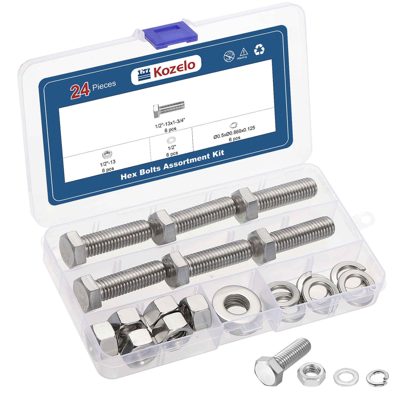 Kozelo 24 Pcs Bolts and Nuts Washers Kit - [1/2"-13x1-3/4"] 304 Stainless Steel Hex Tap Bolt Assortment Fully Threaded Hexagon Head Machine Bolts Right Hand, Silver Tone — image 1