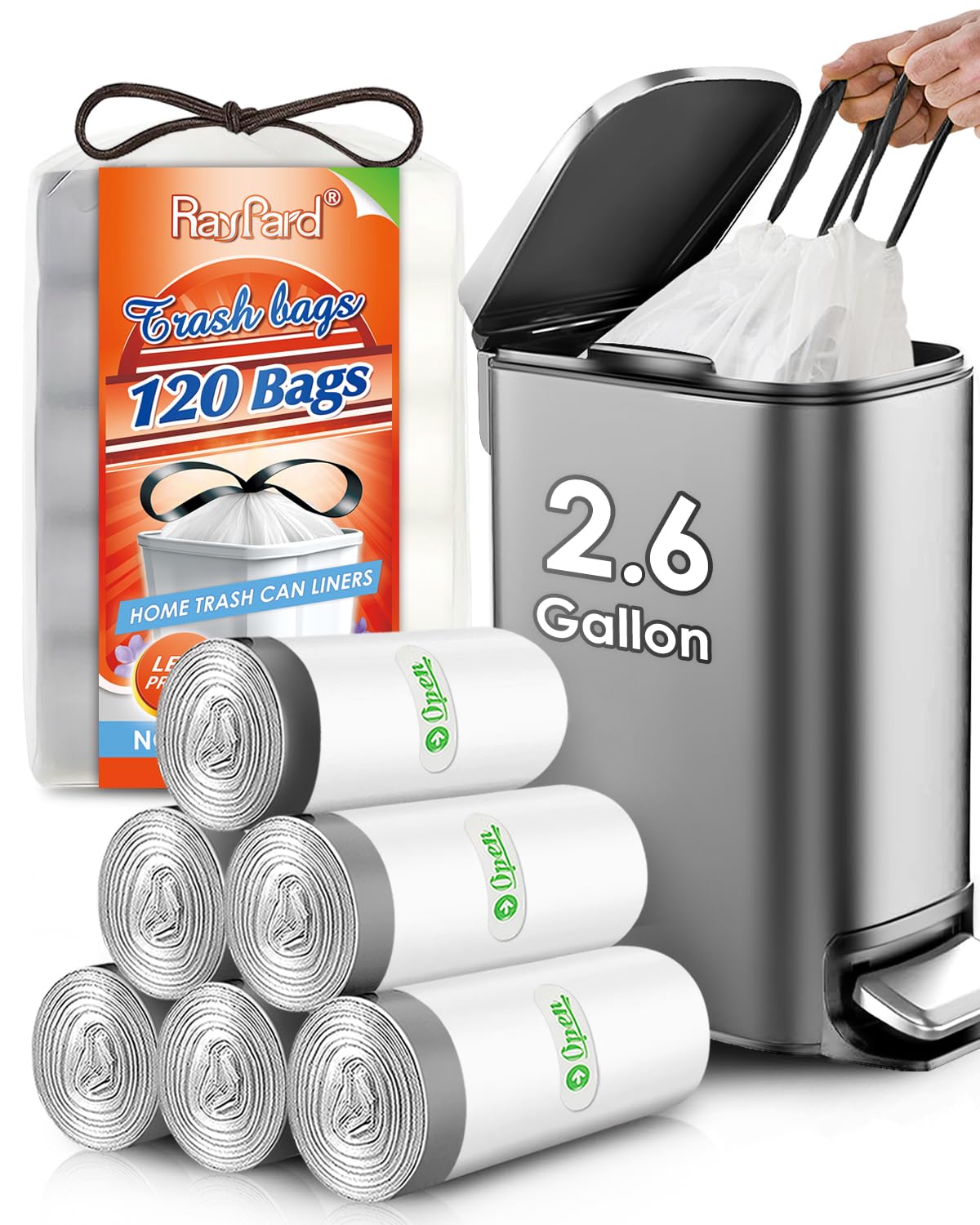 120 Counts 2.6 Gallon Small Drawstring Trash Bags Garbage Bags by RayPard, Small Strong Plastic Bags fit 7.5-10 Liter Trash Can for Home Office Kitchen Bathroom Bedroom, White Waste Basket Liners