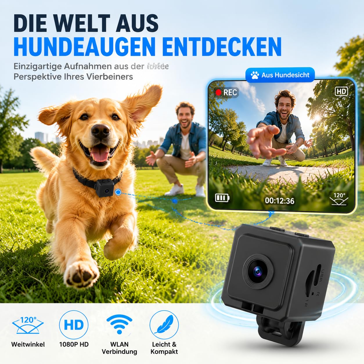 TKMARS Hundekamera für Hunde und Katzen, WLAN Mini Kamera mit Live-Ansicht, App-Steuerung, 1080P HD Aufzeichnung, 120° Weitwinkel, Magnetgehäuse, Körperkamera mit Halsband