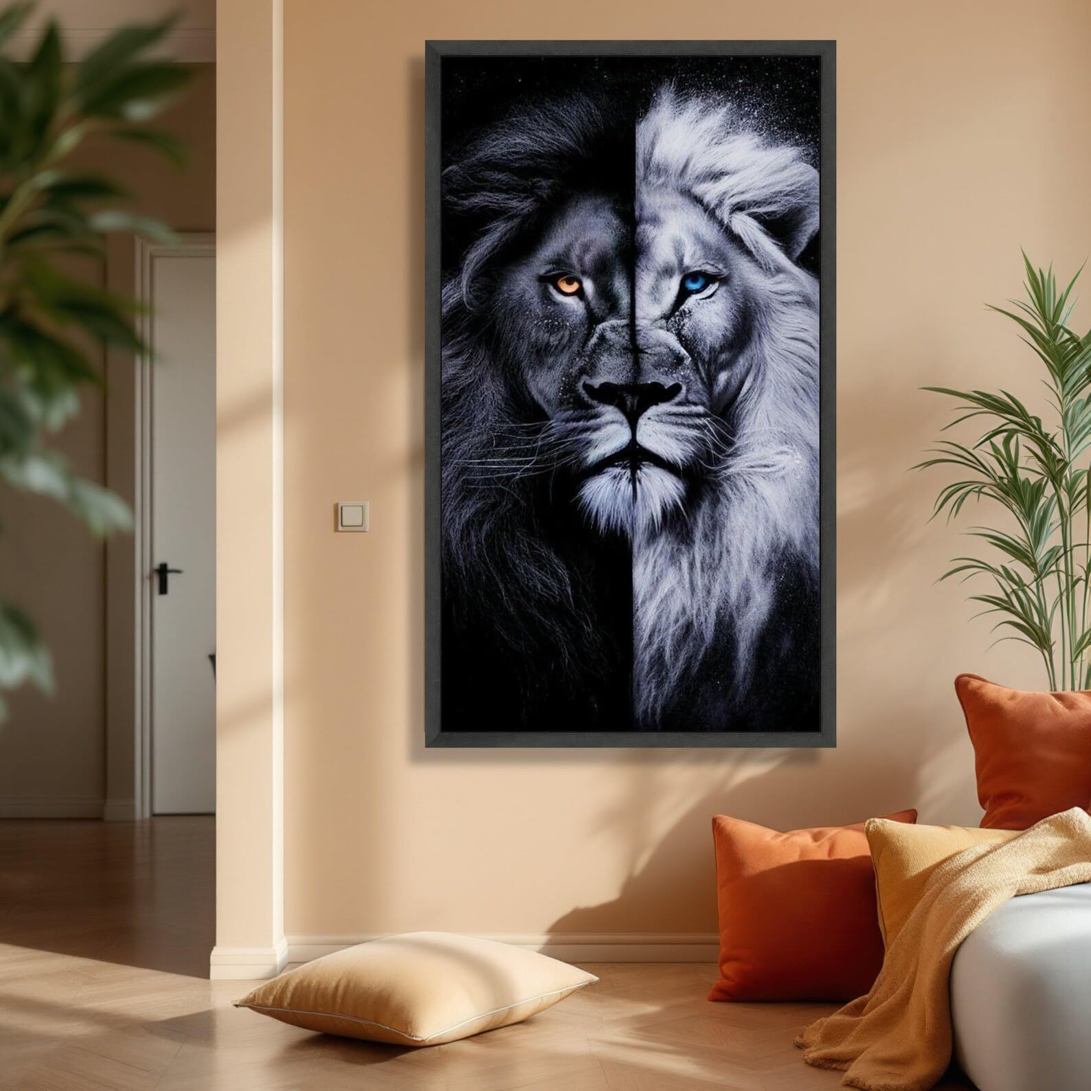 TONGYINLI Yin Yang obraz na płótnie, czarno-biały lew, dekoracja ścienna, nowoczesny obraz dzikiej przyrody, plakaty i portrety zwierząt (80 x 140 cm/ramka wewnętrzna)