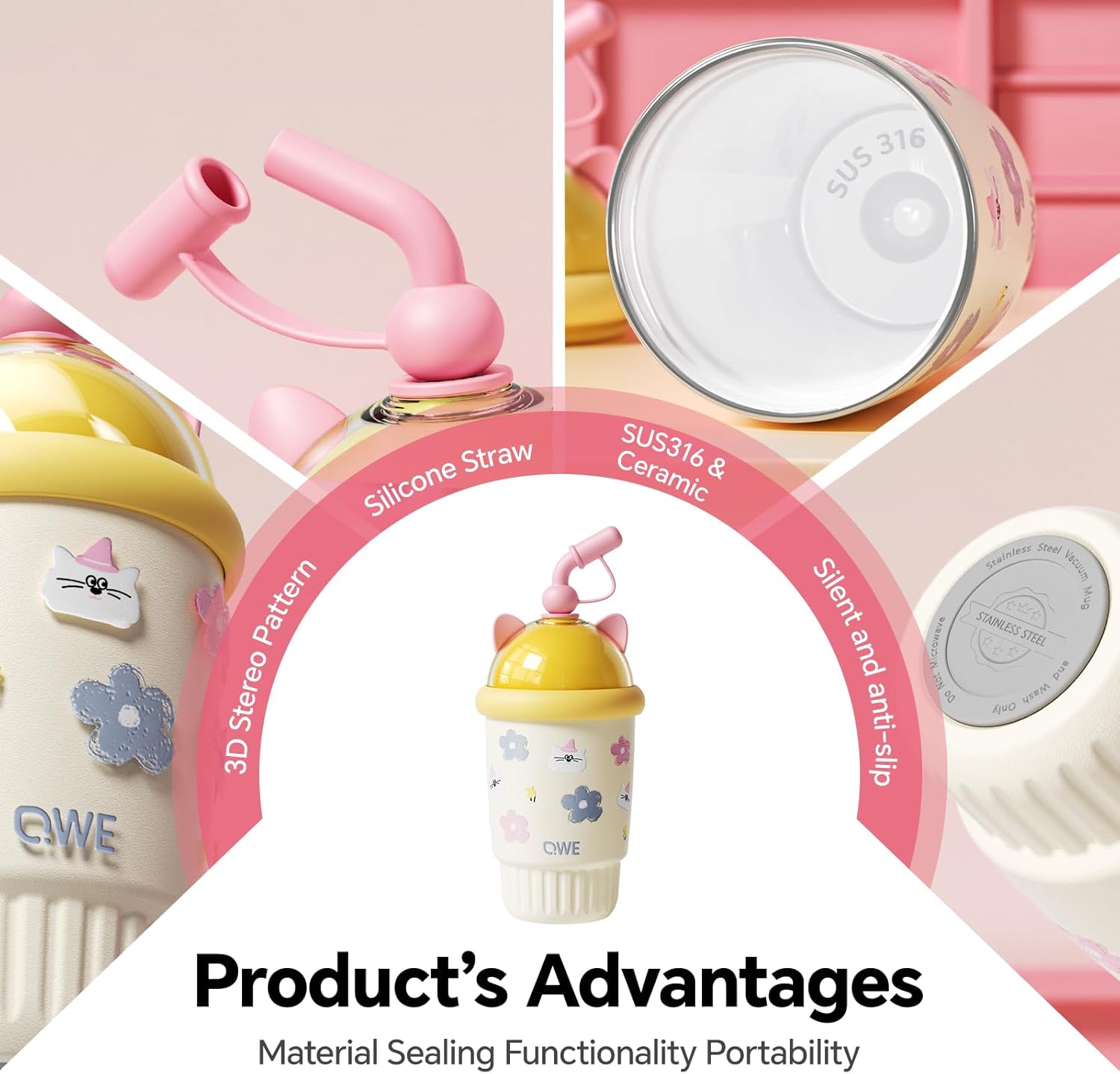 QWE Insulated Tumbler coffee mug Cat Ears Straw,15oz Stainless Coffee Cups for Hot and Cold,Twist On 2-Way Lid,BPA-free,Vacuum Insulated,Cute Style for Home-based, School,Travel,Office(Yellow) - Image 2