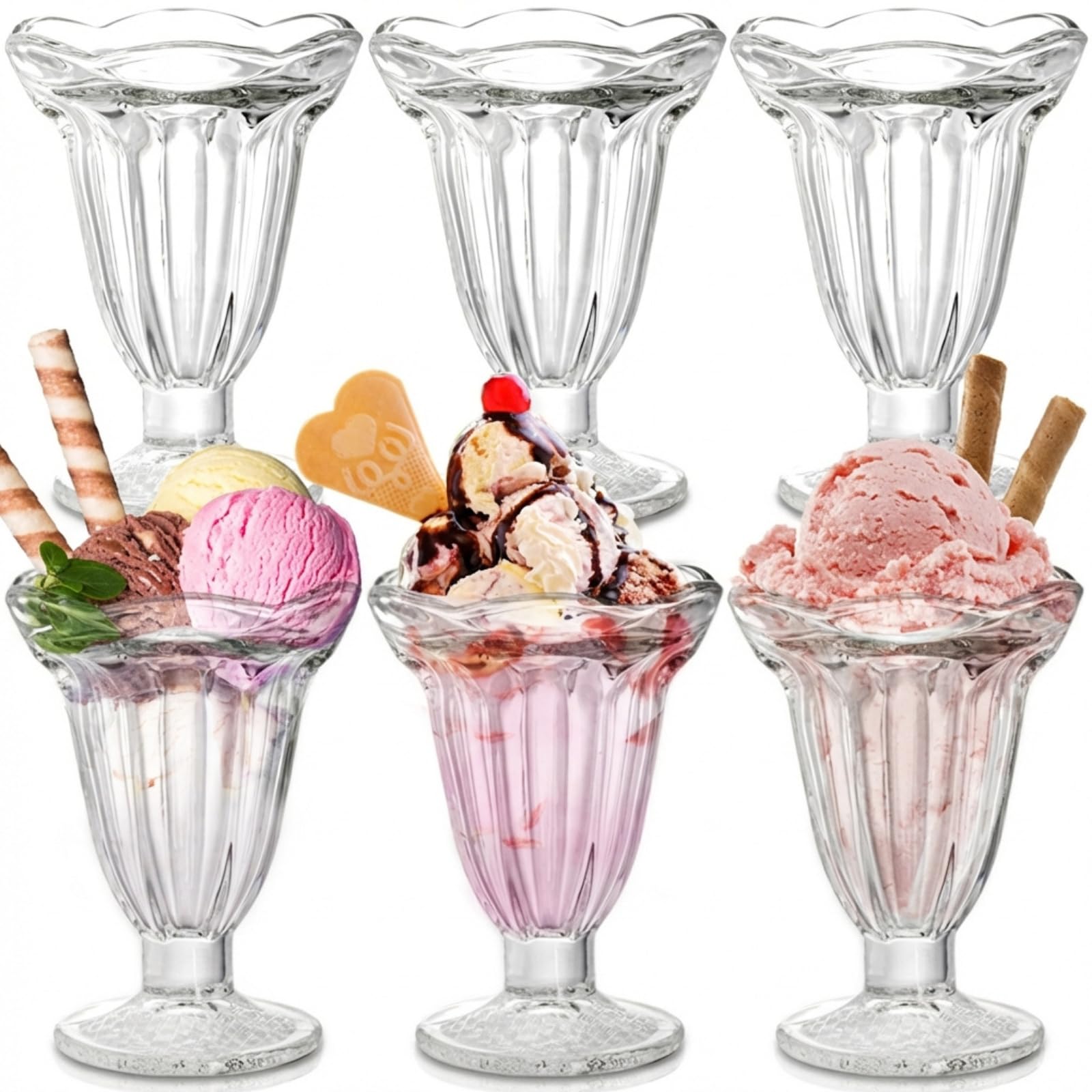ZENFUN 6 Pack Glass Tulip Sundae Cups, 7 Fl Oz Clear Milkshakes Footed Ice Cream Cups Dessert Bowls Set for Sherbet Trifle, Fruit, Salad, Snack, Cocktail