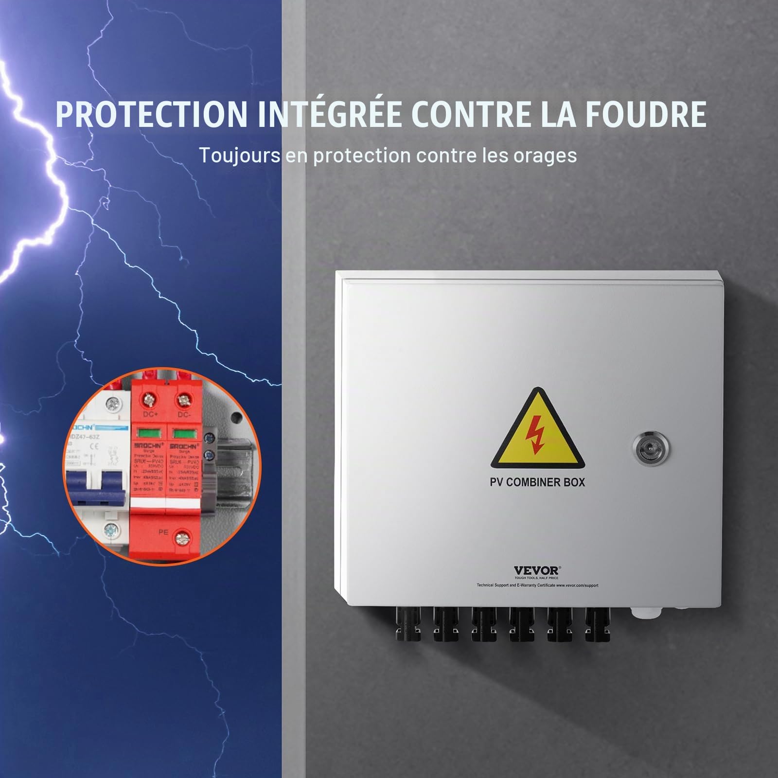 VEVOR Boîte de combinaison PV, 6 chaînes, boîte de combinaison solaire avec fusible de courant nominal 10 A, disjoncteur 63 A parafoudre, en acier pour système de panneaux solaires marche/arrêt, IP65
