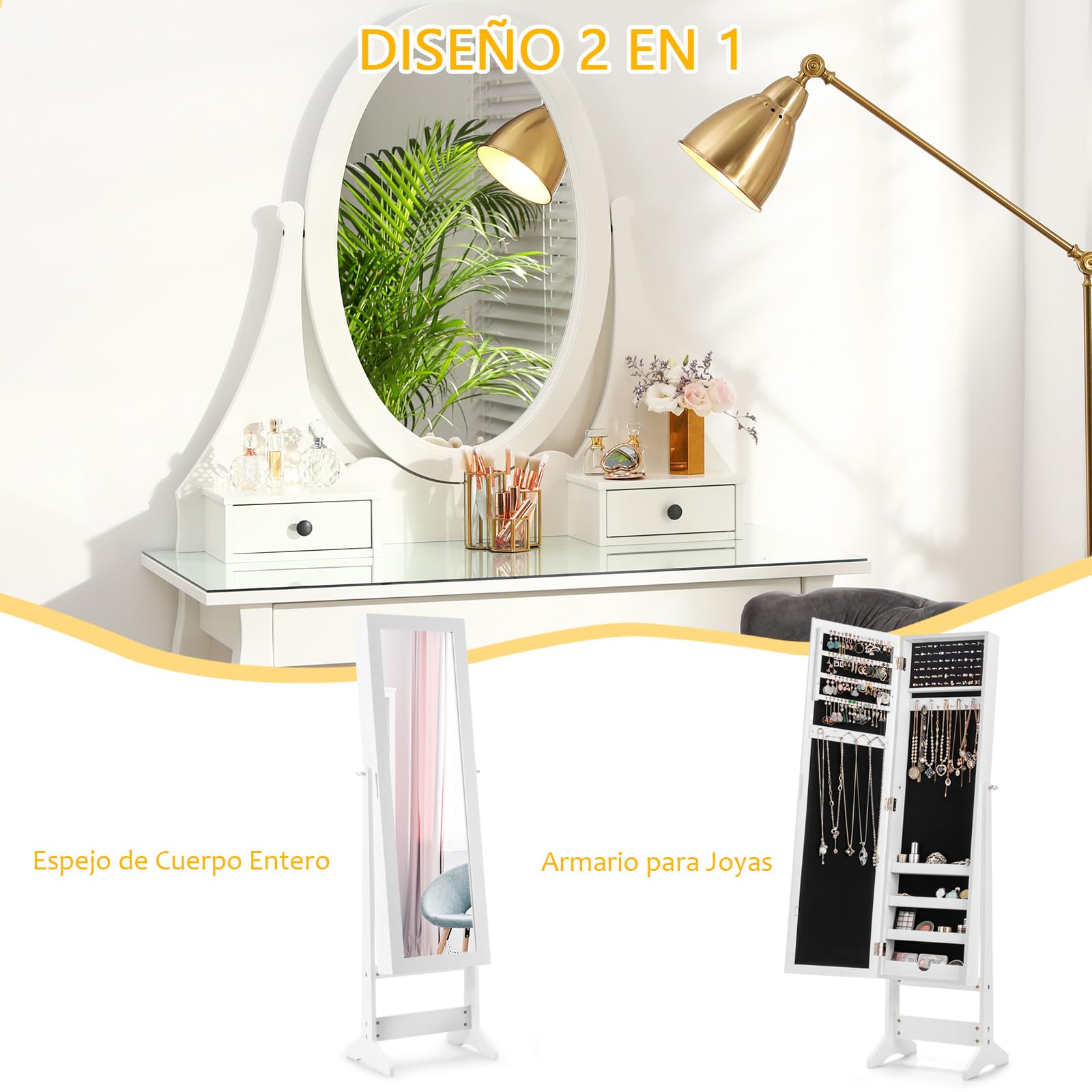 RELAX4LIFE Armario para Joyas con Patas, Joyero con Espejo de Cuerpo Entero Ajustables en 4 Ángulos, Organizador de Joyas con Puerta Magnética para Pendientes, Collares y Anillos (Blanco)