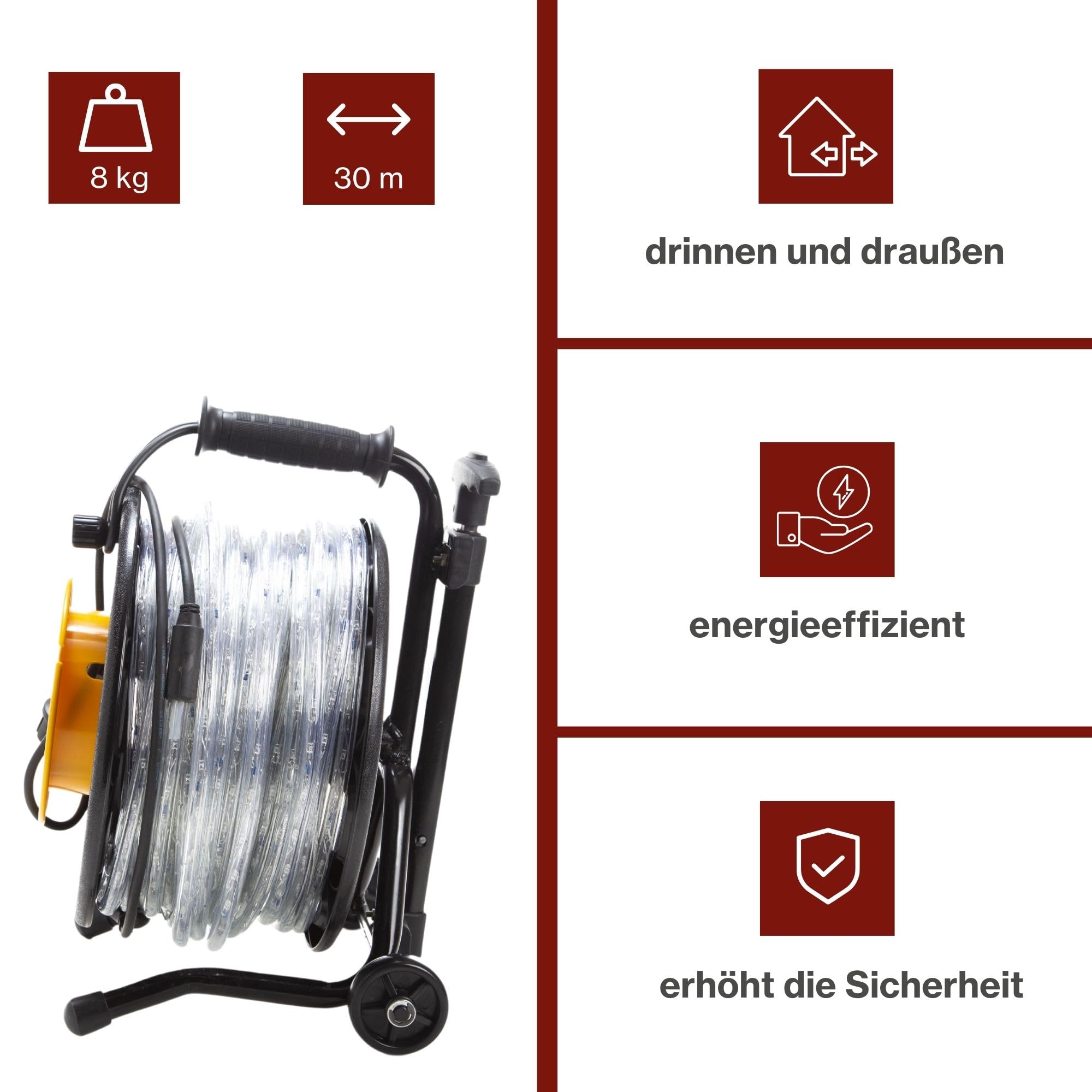 HQ-Power Flexibler LED-Lichtschlauch auf Trommel, Sicherheitsbeleuchtung für Profis, 6500 °K 2850 lm, zum Beleuchten von Baustellen, Treppenhäusern, Aufzugsschächten, geeignet für innen und außen, 30