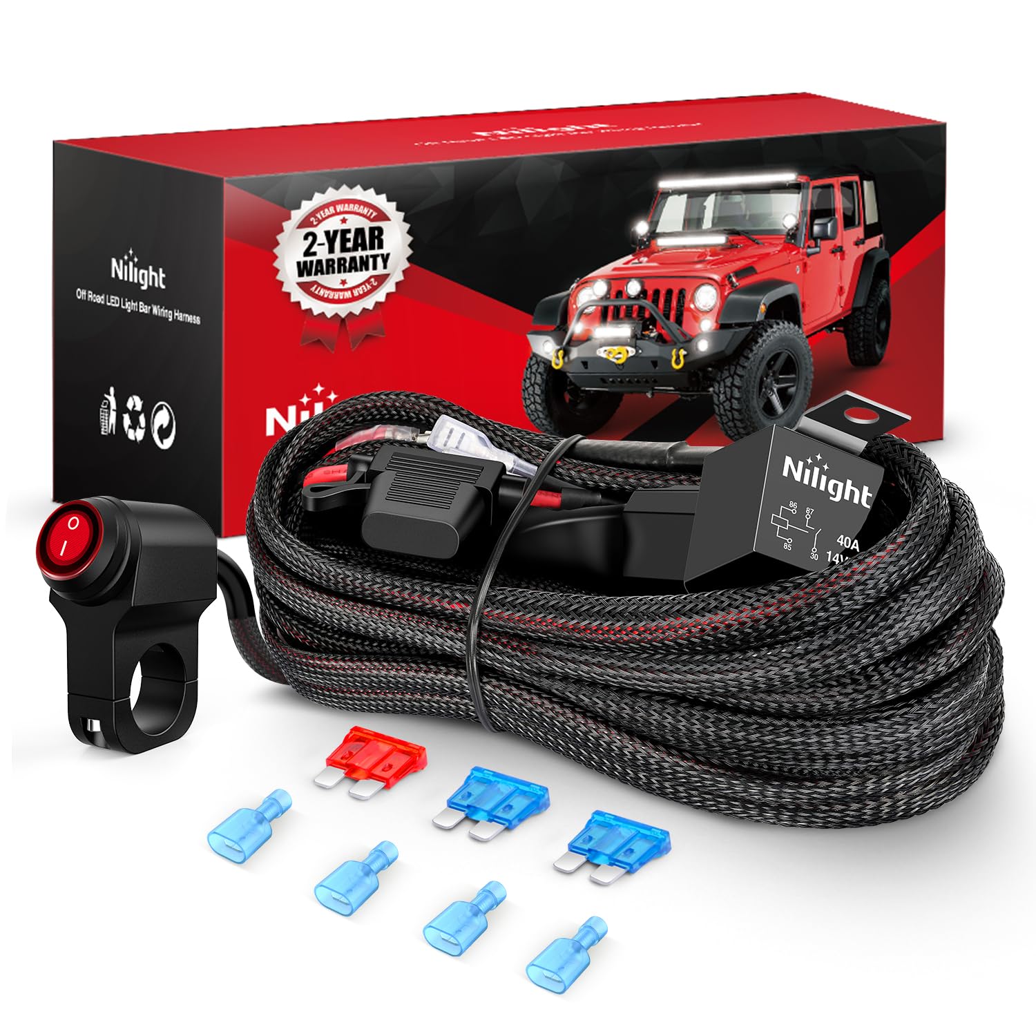 Nilight Wiring Harness Kit Nylon 16 AWG 2 Leads 12V Motorcycle Handlebar Switch On Off Power Relay Blade Fuse for LED Light Bar Off Road Lights on Motorcycles Bicycles ATV UTV