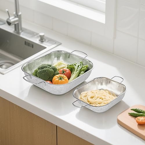 Miniatura 7 de Colador de acero inoxidable de 3 cuartos de galón, colador cuadrado de metal, colador para alimentos de cocina, apto para lavavajillas