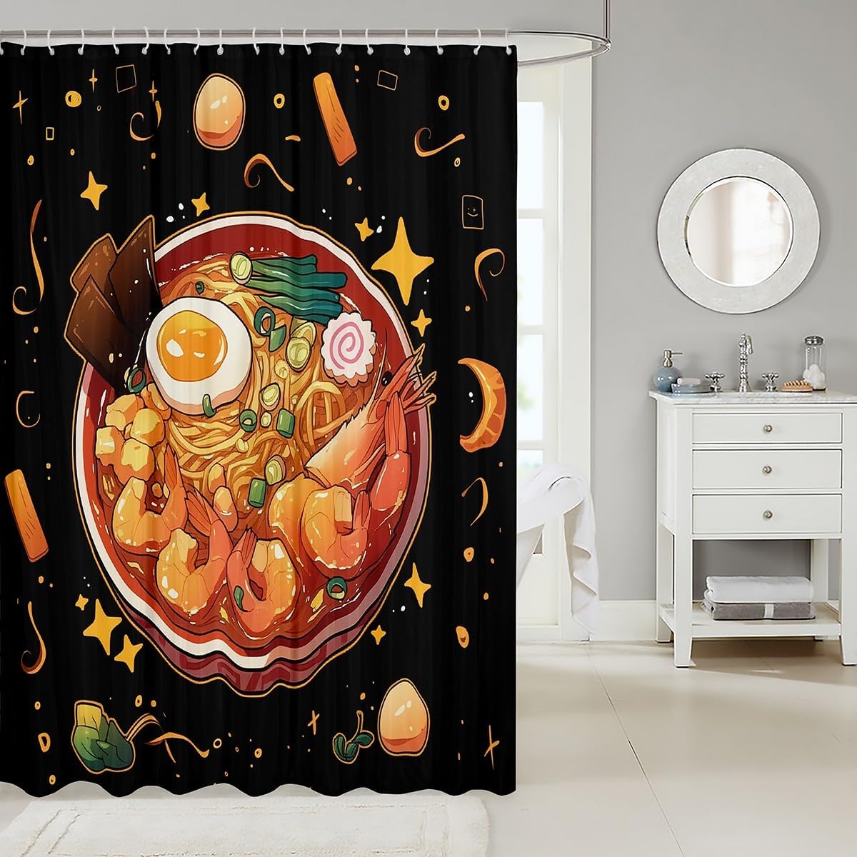Erosebridal Japanese Ramen Bathroom Decor,Ramen Noodles Shower Curtain Set Funny Gifts for Kids Women Men,Anime Style Bathroom Set Food Print Fabric Shower Curtain 72" Wx84 L Home Decor