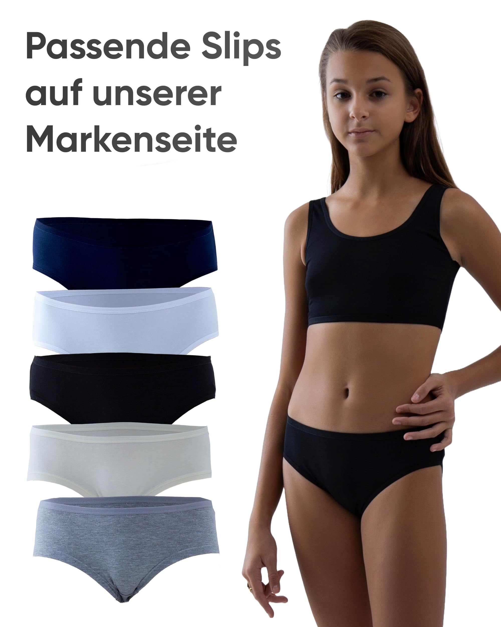 MOR Confezione da 6 bustini da bambina, comodi reggiseni in cotone senza ferretto, biancheria intima per adolescenti, colori basici, 9-15 anni