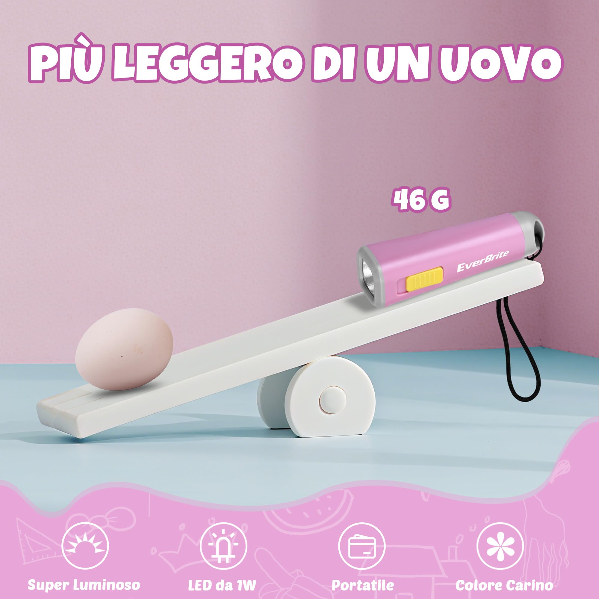 EverBrite Mini Torcia LED Rosa 46g Luce Gialla Calda 3 Batterie AAA Incluse