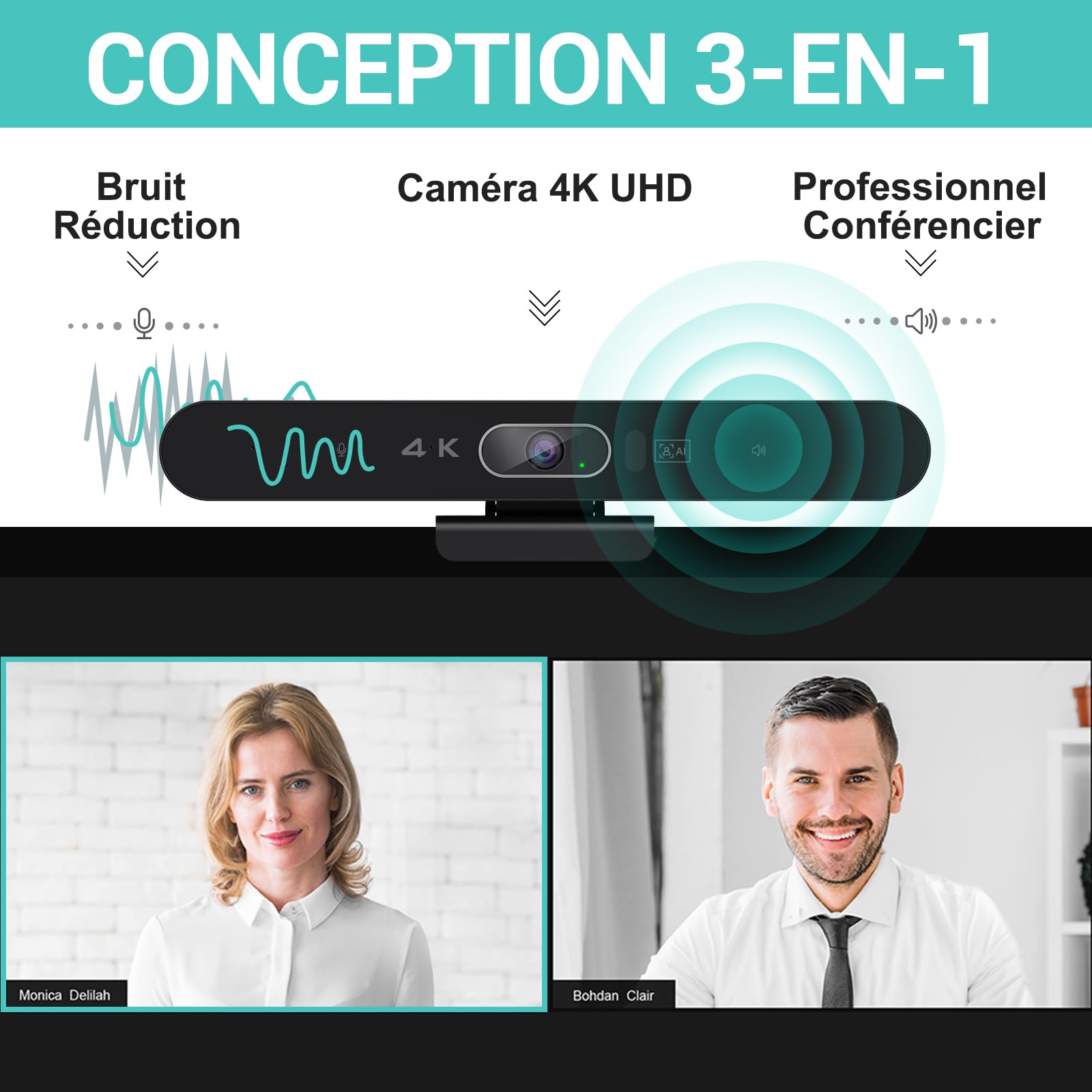 4K Webcam de Conférence avec Microphone et Haut-Parleur, Caméra de Salle de Conférence avec Télécommande pour Windows TV/Ordinateur/Vidéoconférences/Espace Streaming/Zoom/Skype/Teams